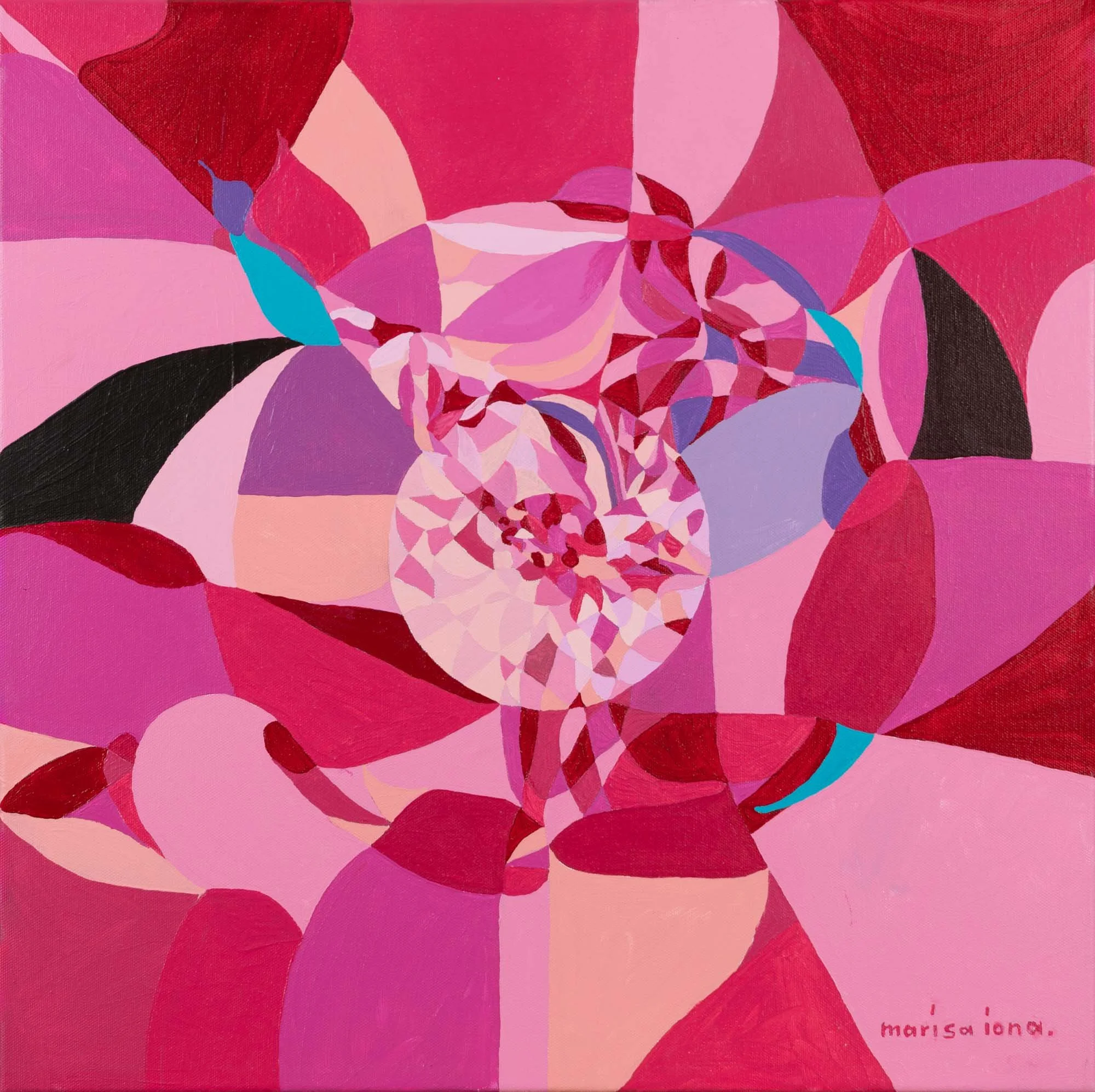 Vibrant geometric abstract painting in magenta and pink with turquoise accents titled the Fragment from the Neon Dreams series by Marisa Iona.