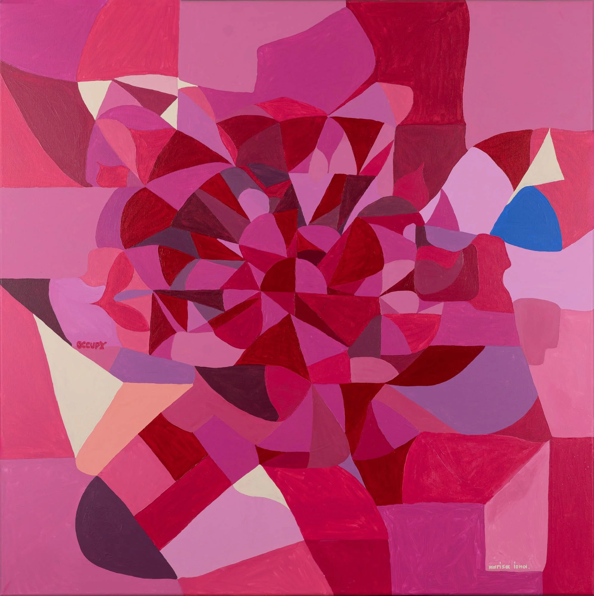 Large 100 x 100 cm abstract geometric painting in pink and magenta from the Neon Dreams series by Marisa Iona.