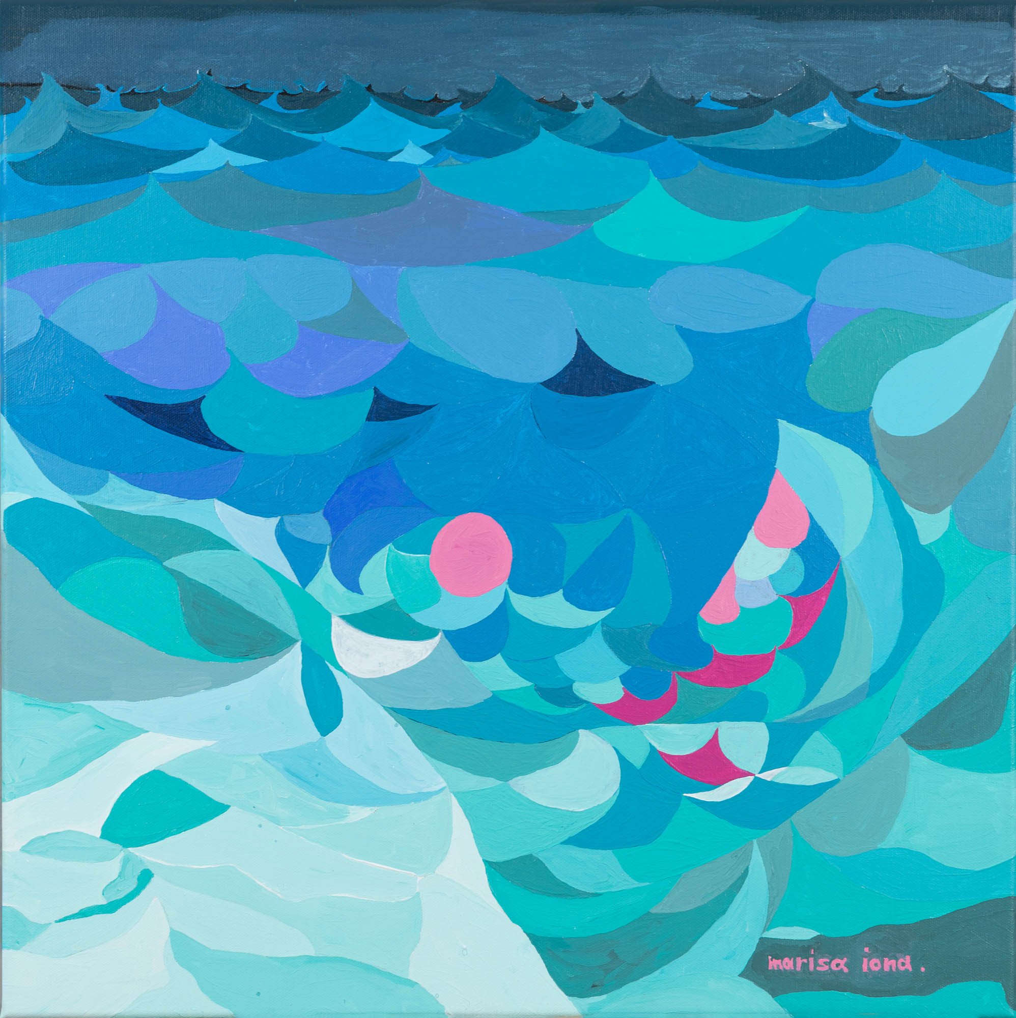 50x50 cm contemporary acrylic painting titled Down Face by Marisa Iona featuring abstract triangular waves above and dynamic mosaic water movements below,  part of the Aegean Frangosyka series in shades of blue, turquoise and pink.