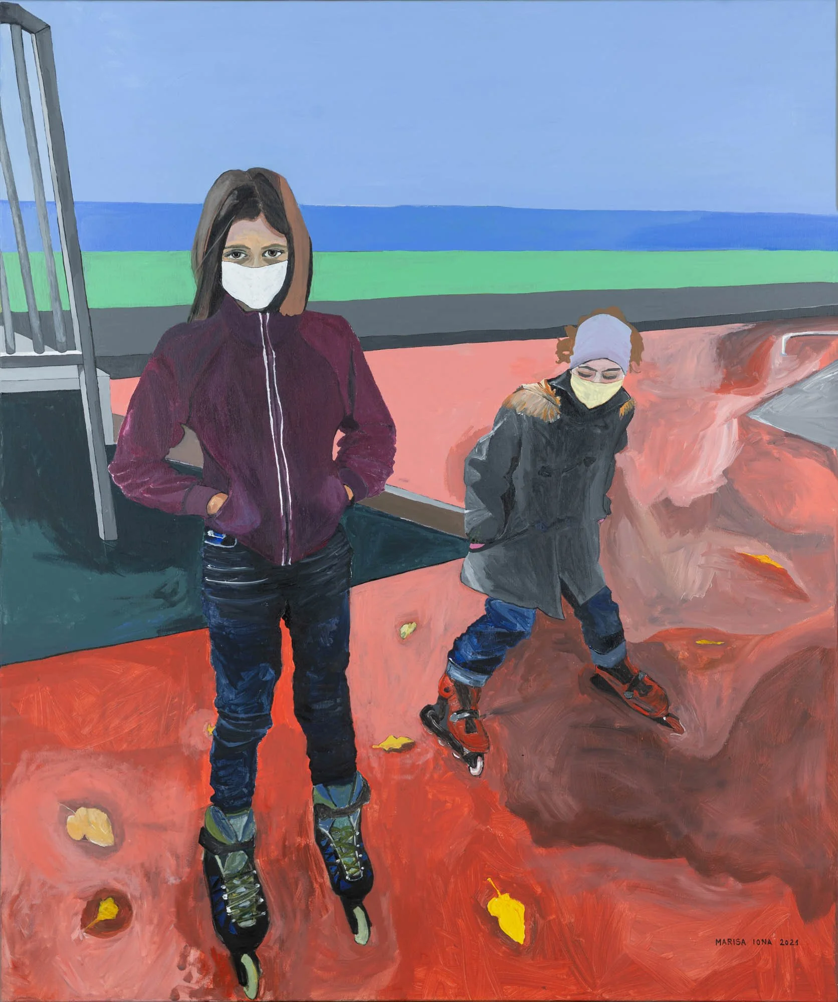 Large 100 x 120 cm artwork of two young girls wearing facemasks and roller skates, standing outdoors on a reddish surface at a skate park, with the sea visible in the background.