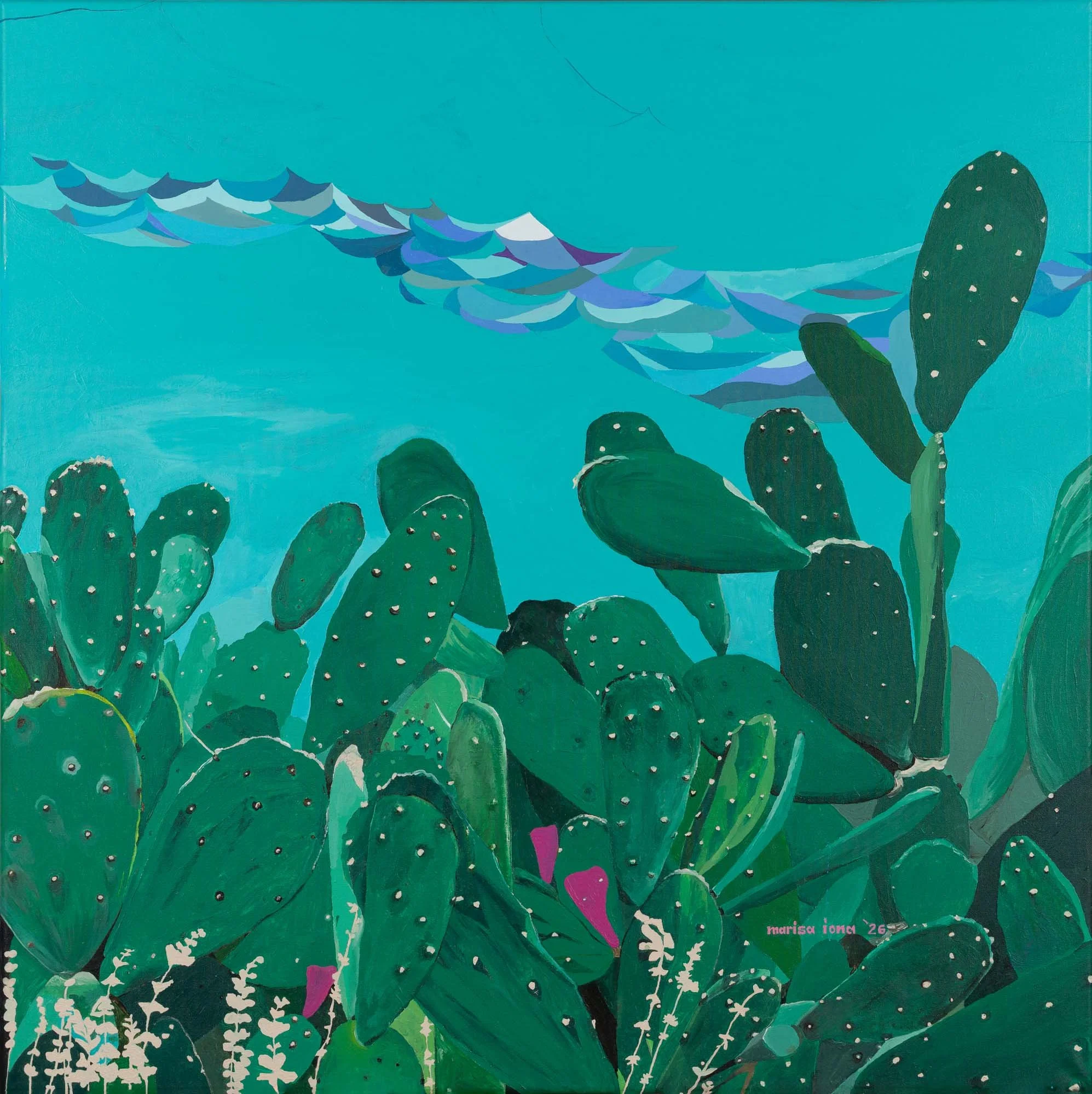 Acrylic painting titled Intervention from the Aegean Frangosyka series by artist Marisa Iona featuring prickly pears in green and geometric forms in blue and turquoise sea.