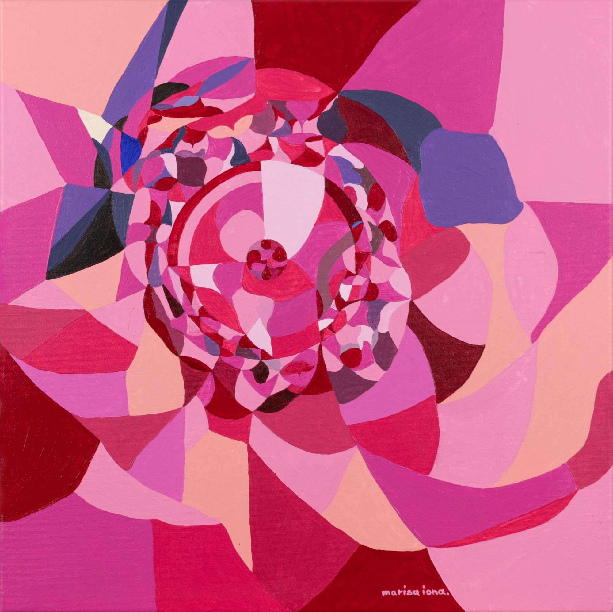 Vibrant pink and purple geometric abstract acrylic painting from the Neon Dreams series by Marisa Iona.
