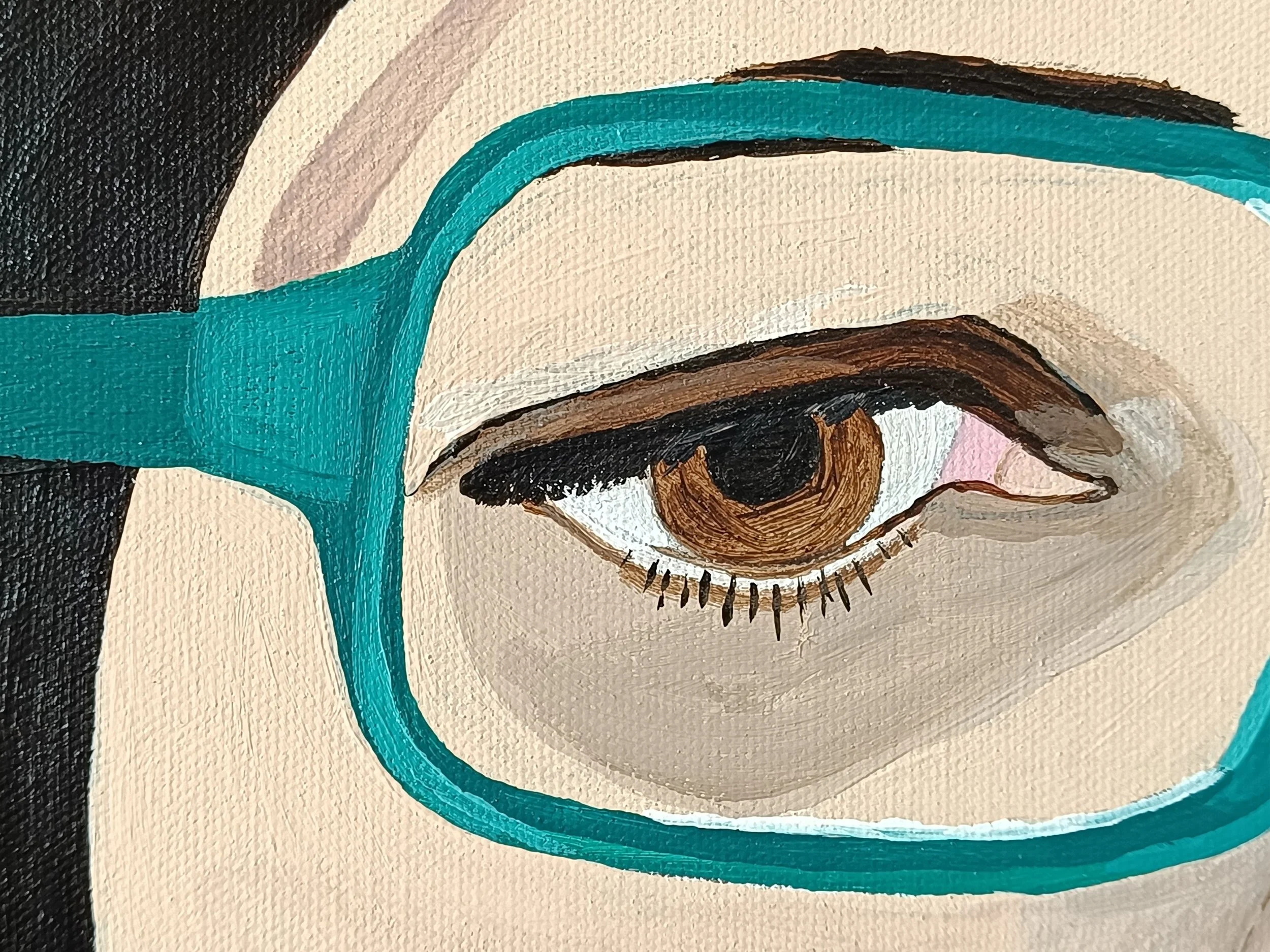 Marisa Iona - Neon Dreams - Detail of the eye and teal spectacles reflecting the inner universe.