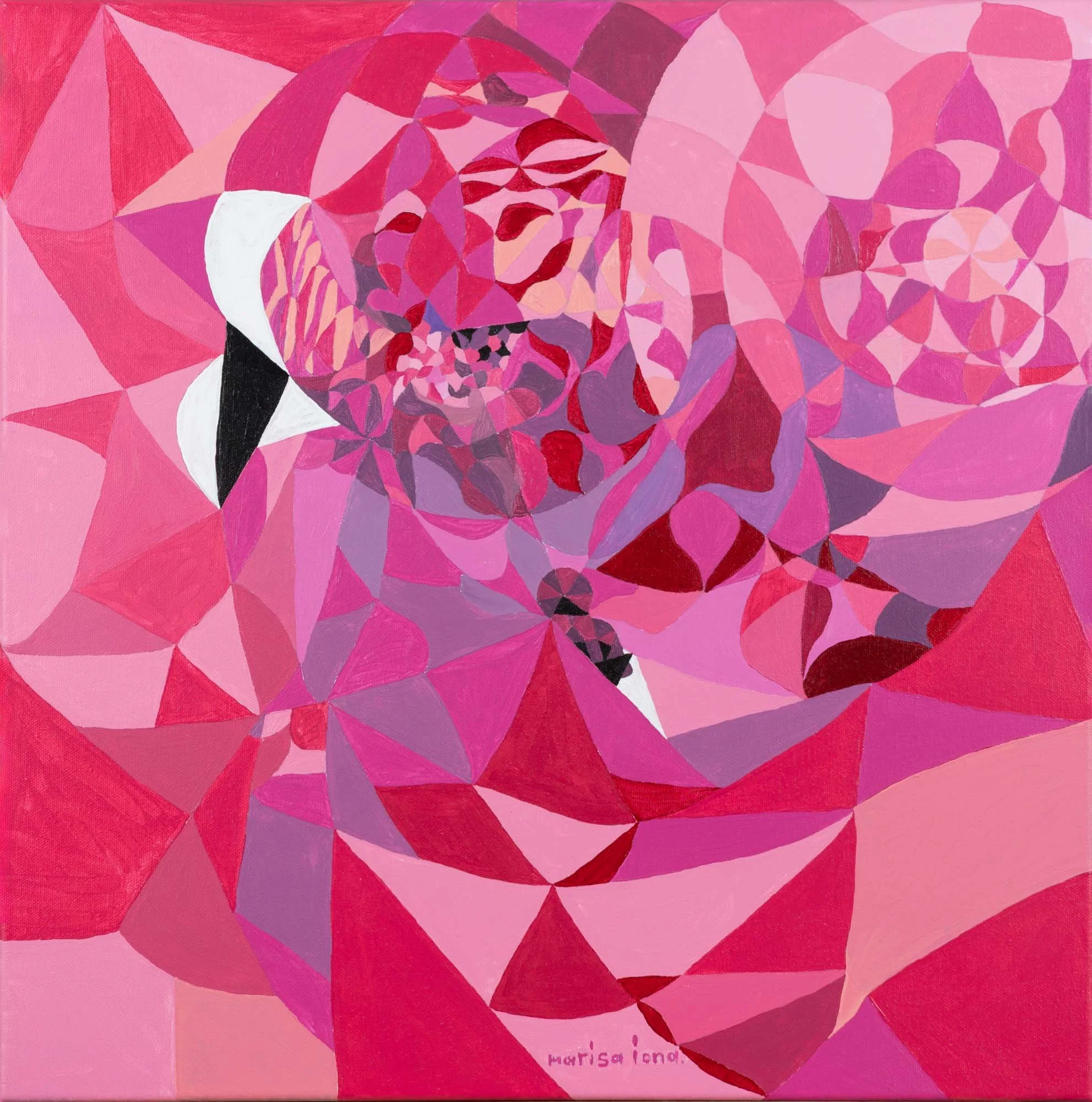 Abstract acrylic painting featuring geometric shapes in shades of magenta, blush pink, and deep plum with sharp black and white accents by Marisa Iona.