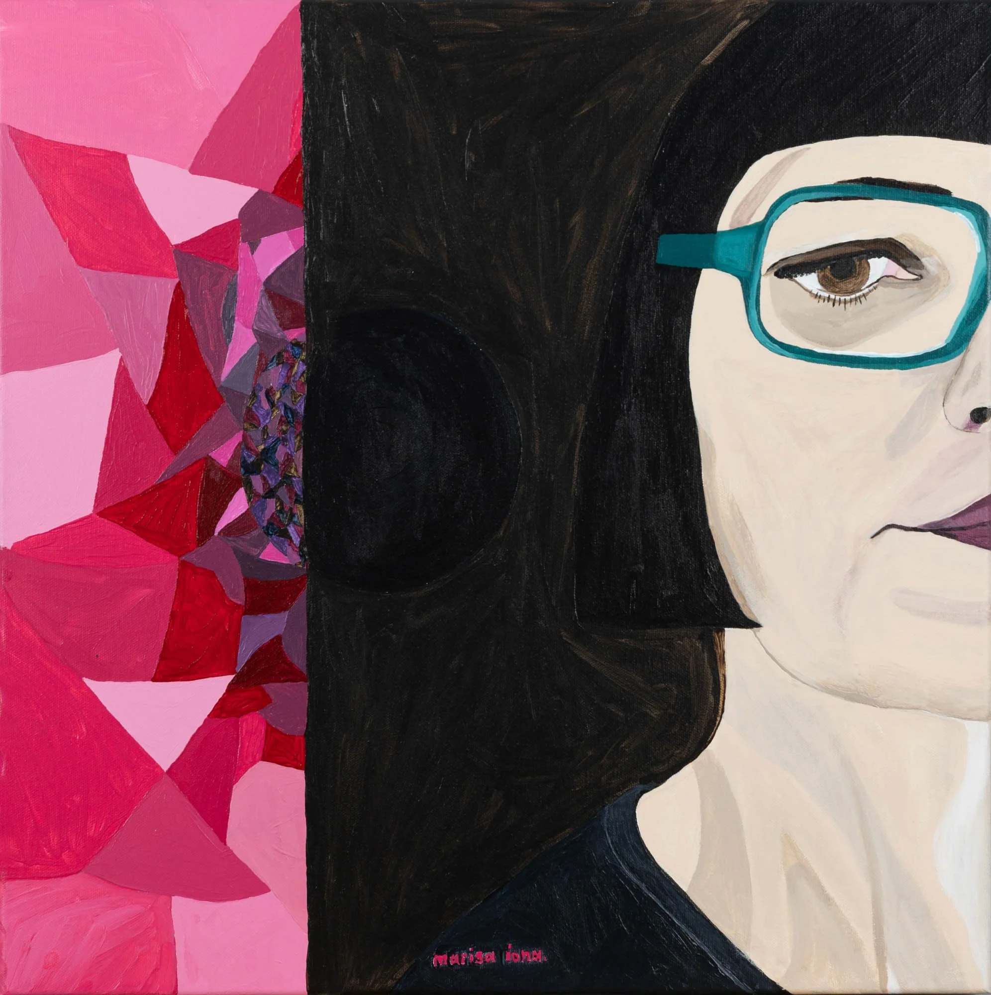 Abstract portrait with teal glasses and pink geometric mosaic pattern from the Neon Dreams series by Marisa Iona.