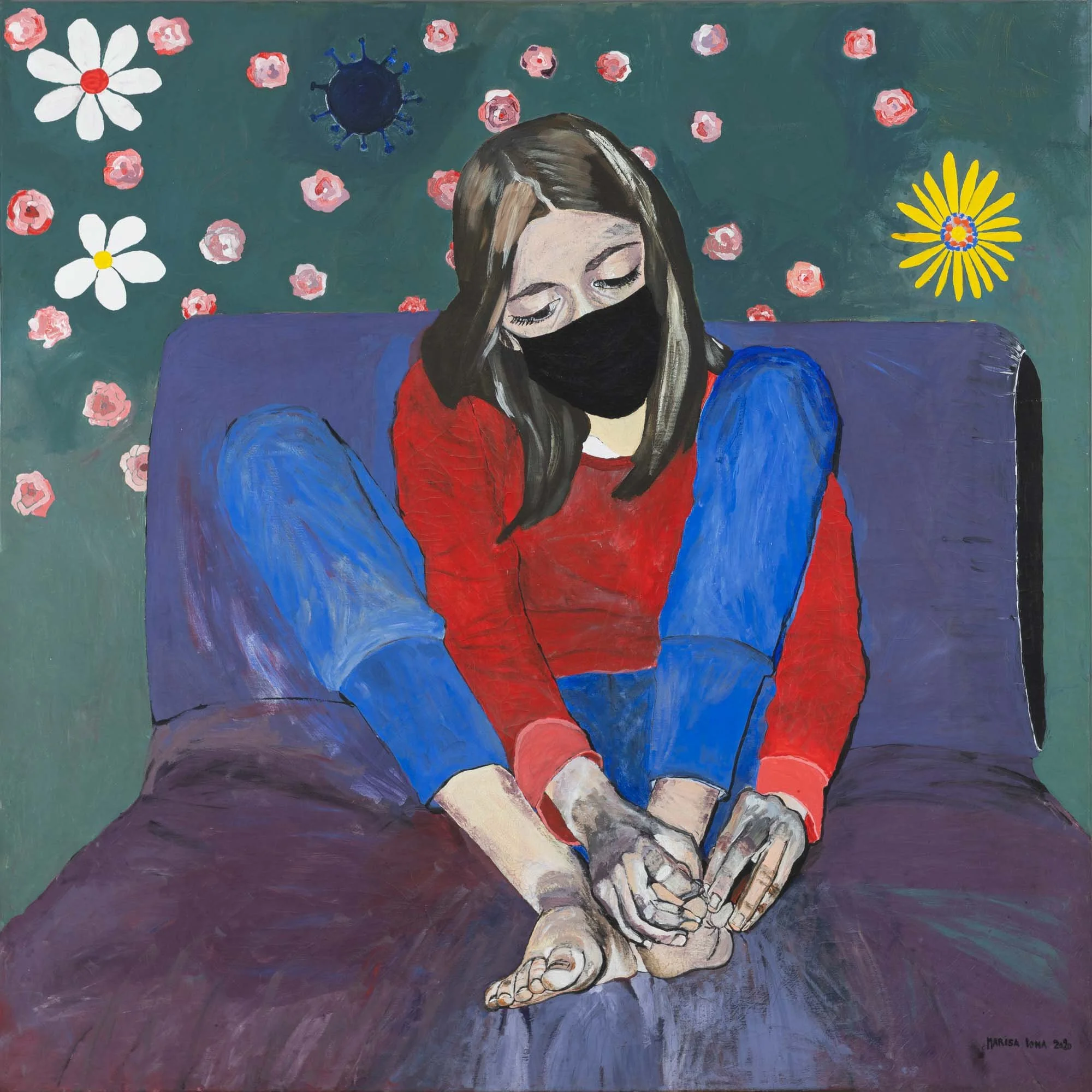 Acrylic painting of a young girl wearing a facemask while sitting curled up in a chair, holding her bare foot with her hands and looking between her toes, set against a background of flowers.