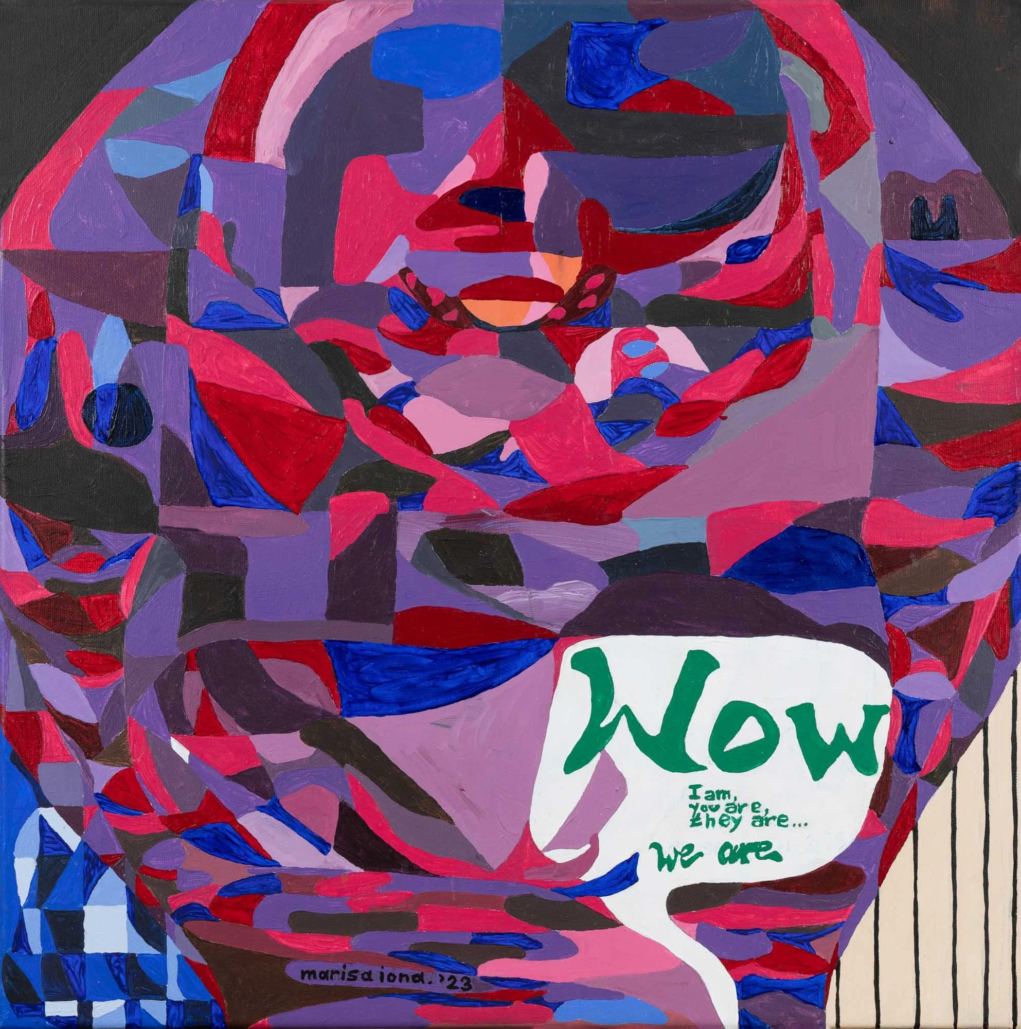 Abstract geometric painting featuring a green 'Wow' in a speech bubble on a deep blue background.