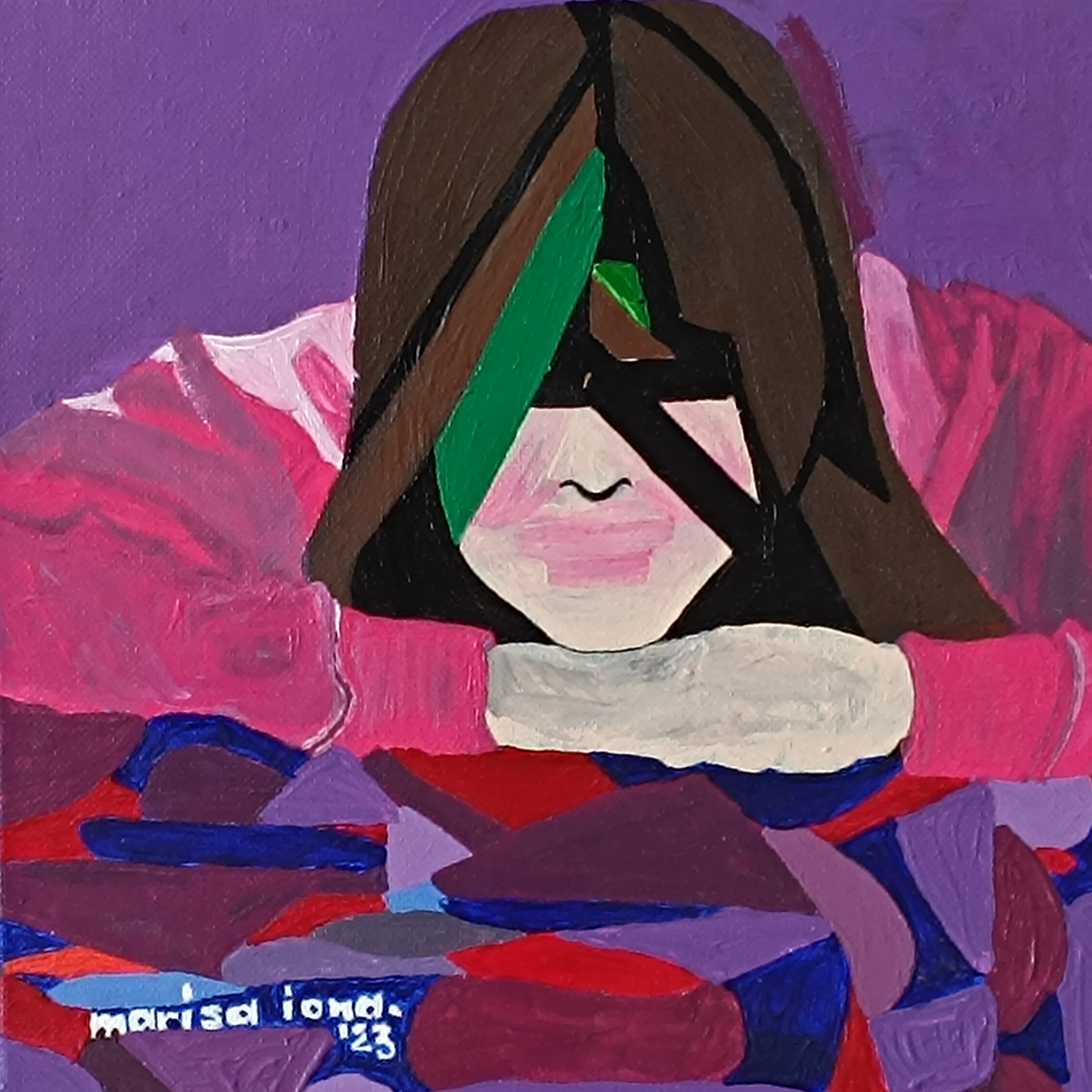 An abstract figurative portrait from the WOW Series titled Muted Geometry by Marisa Iona featuring a girl resting her head on her hands. The figure rests upon a abstract geometric ground in blue, mauve and red.