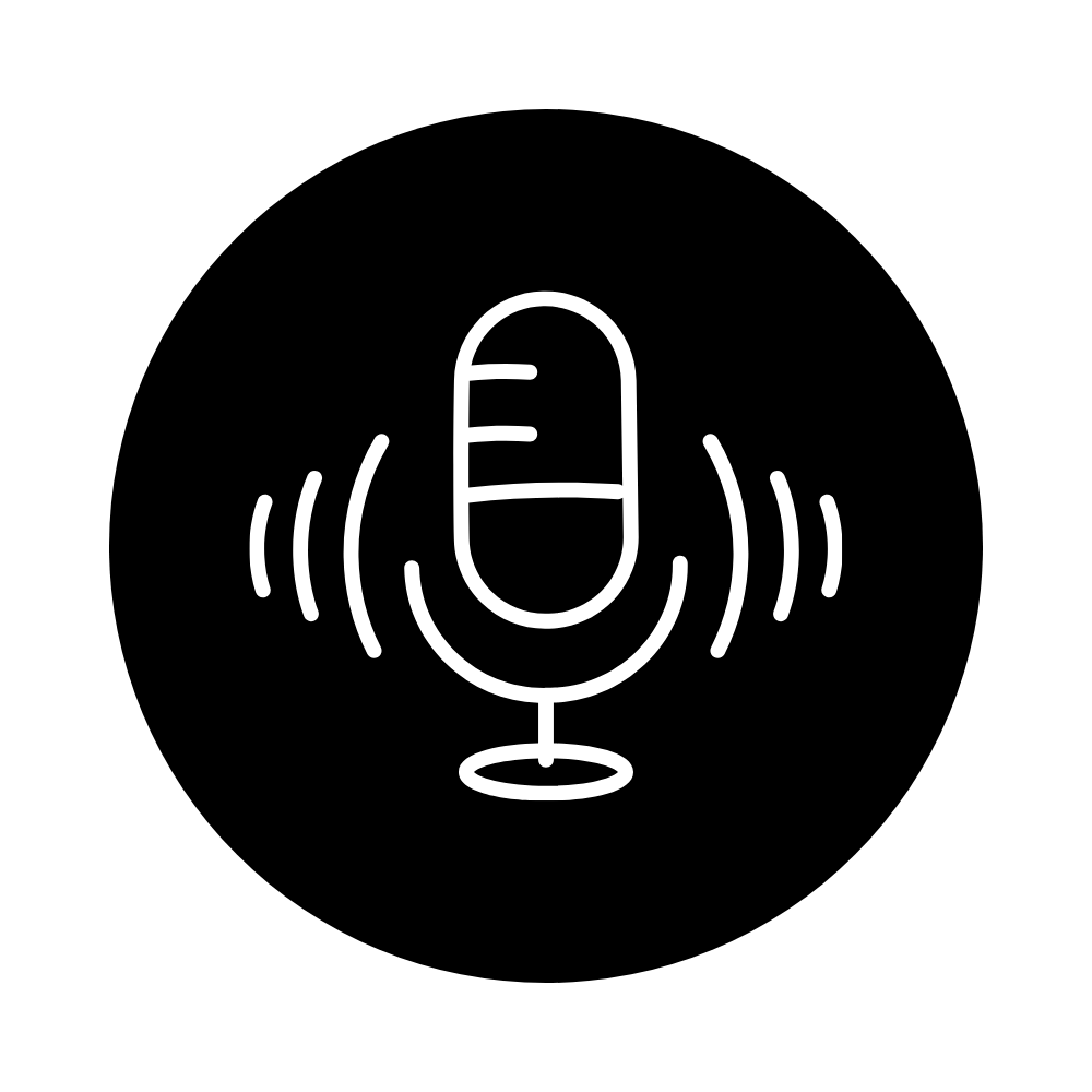 White line art microphone with sound waves on a black background