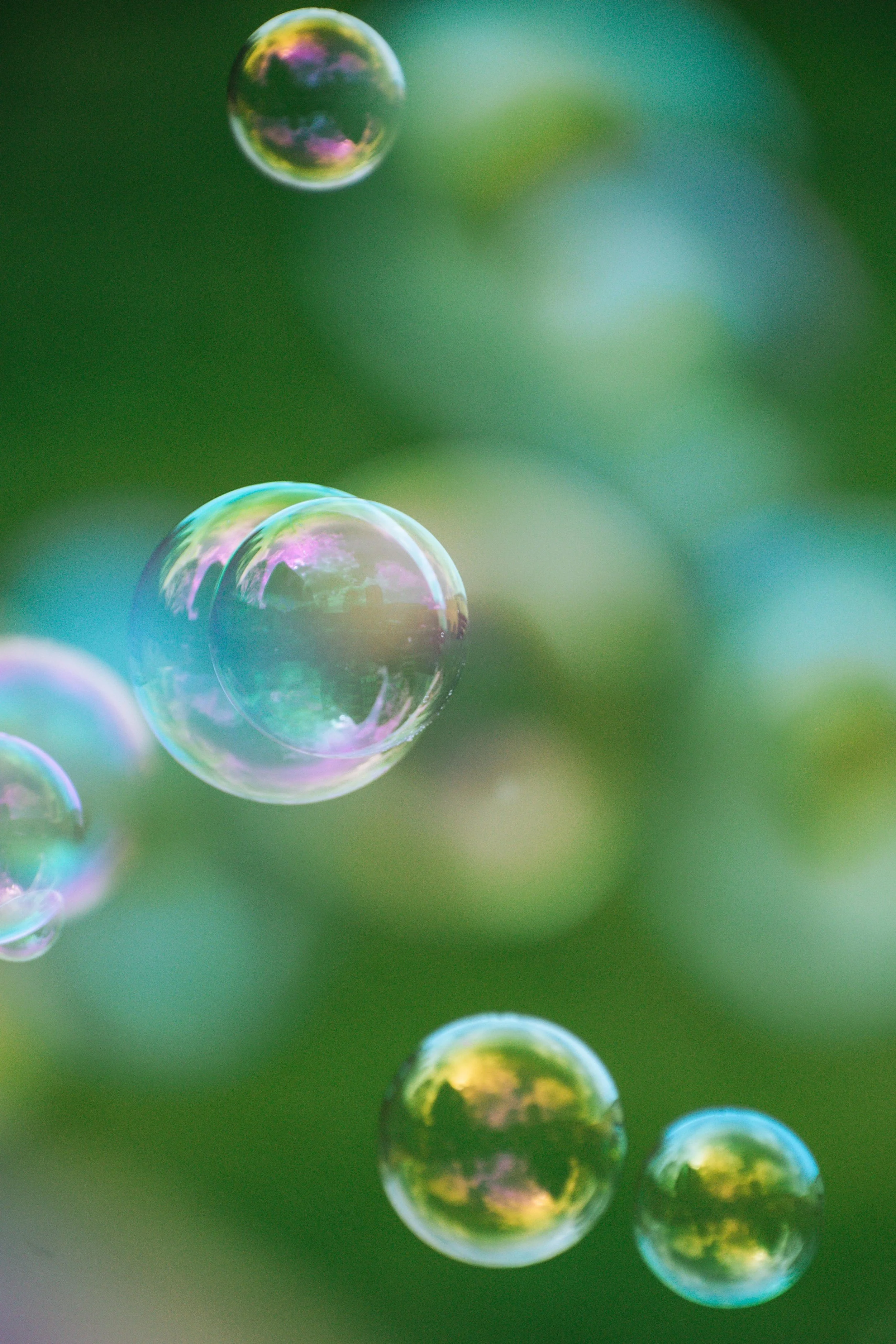 Close-up of iridescent soap bubbles floating against a blurred green background.