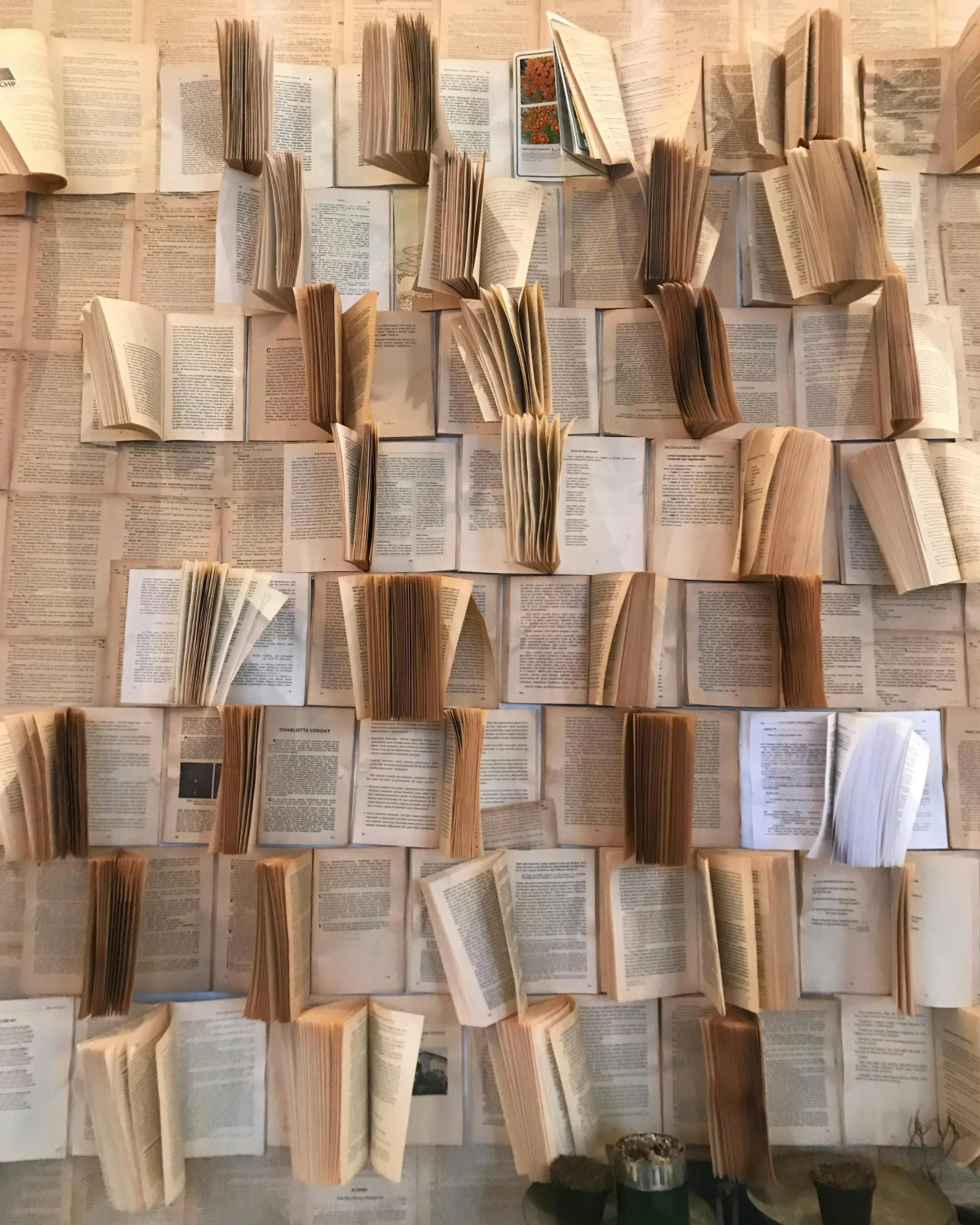 Wall decorated with numerous open and closed books arranged in a grid pattern, with some books leaning or positioned at angles.