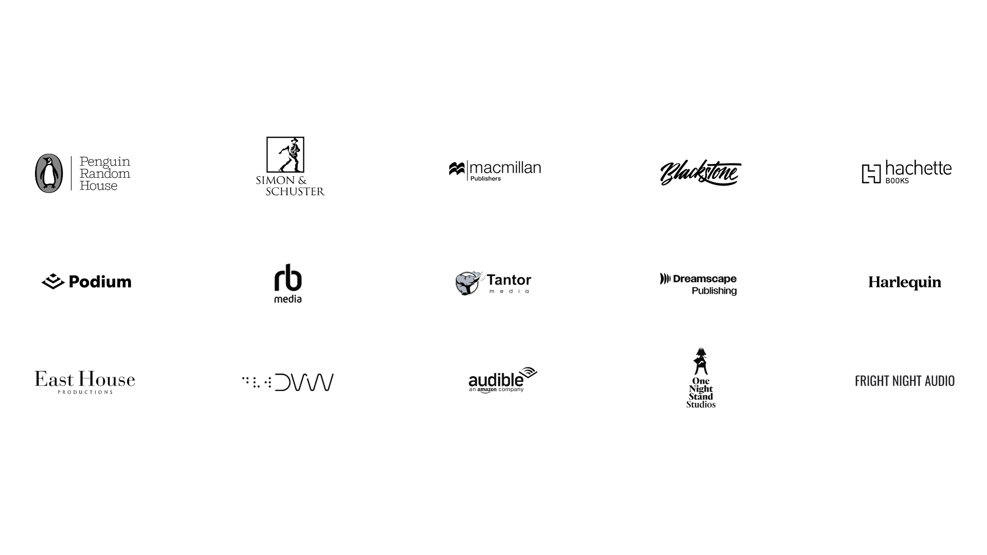 A black and white promotional image for Penguin Random House, featuring the Penguin logo on the left and a typewriter illustration in the center, with various media company logos at the bottom.