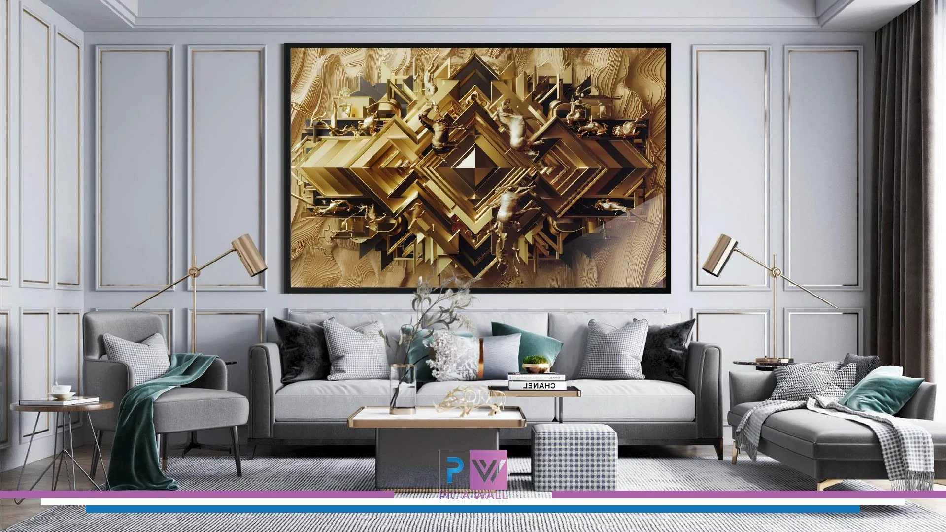 Modern living room with light gray walls, gold accents, and a large abstract gold and black wall art piece. The room features a gray sofa with various pillows, two gray armchairs, side tables, and gold reading lamps. A coffee table with decorative it