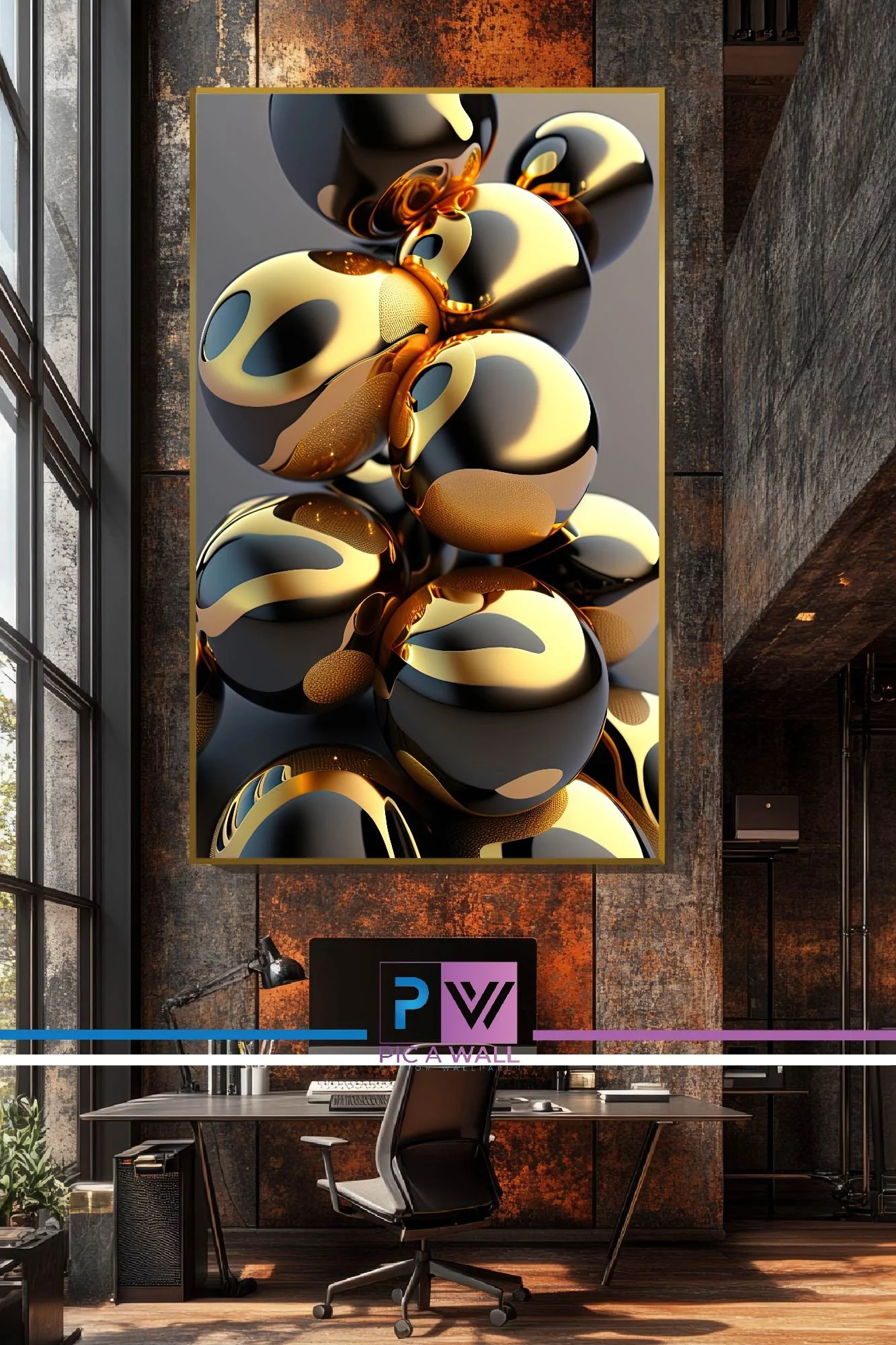 Modern office interior with large abstract art featuring black, cream, and gold spherical shapes on a grey background. Office desk, chair, and computer with vertical brick wall and large window.