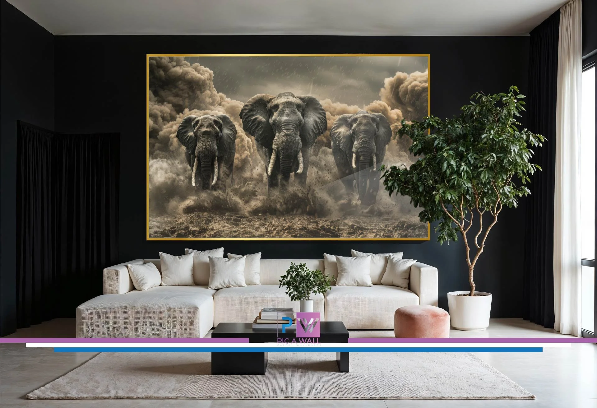 Living room with a white sofa, black coffee table, green potted plant, large artwork of three elephants on a cloudy, dusty landscape, dark walls, and large window with curtains.