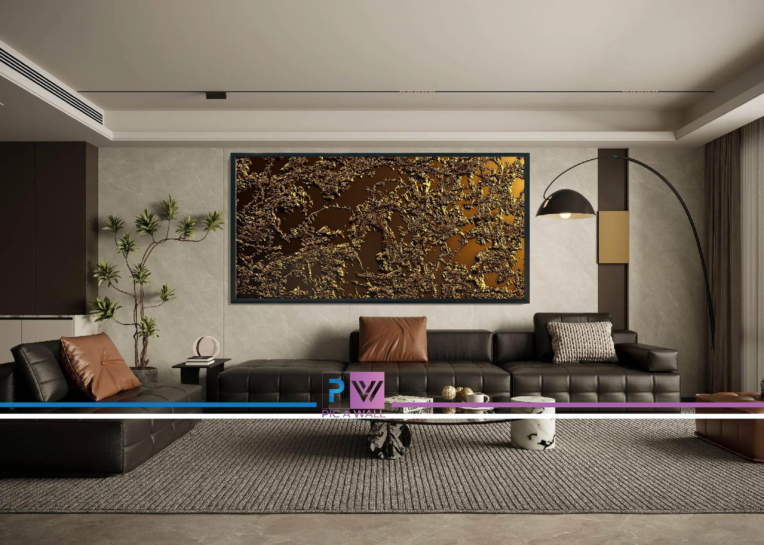 Modern living room with black leather sectional sofa, orange and beige pillows, a small black side table with books and decor, a tall indoor plant, an abstract wall art piece, a curved floor lamp, and curtains on the right side.