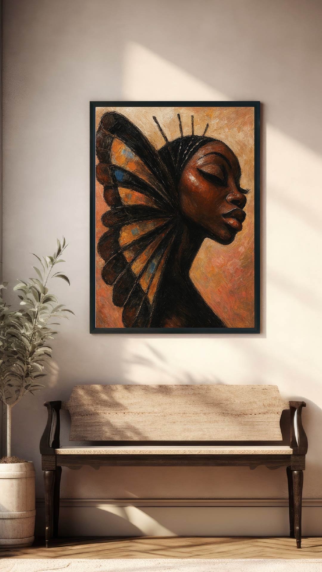 A framed artwork of a woman with butterfly wings on her head, displayed on a beige wall. The woman has dark skin, long black hair, and her eyes closed. There is a potted plant to the left and a wooden bench below the artwork, with sunlight casting shadows.