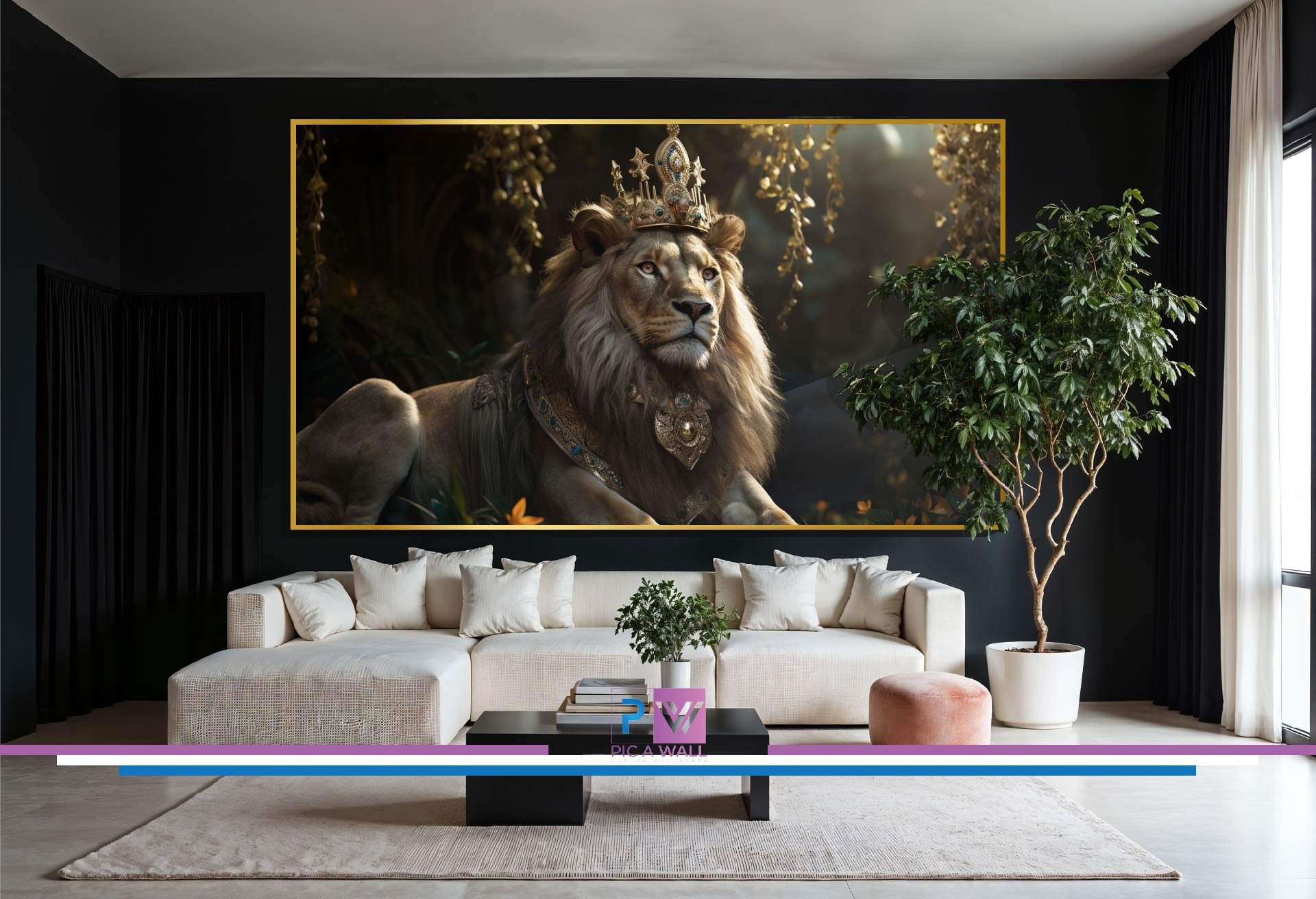 Modern living room with a large wall art of a regal lion wearing a crown and jewelry, sitting among nature. The room features a beige sofa with white pillows, a black coffee table with decorative objects, a large potted plant, and dark curtains near 
