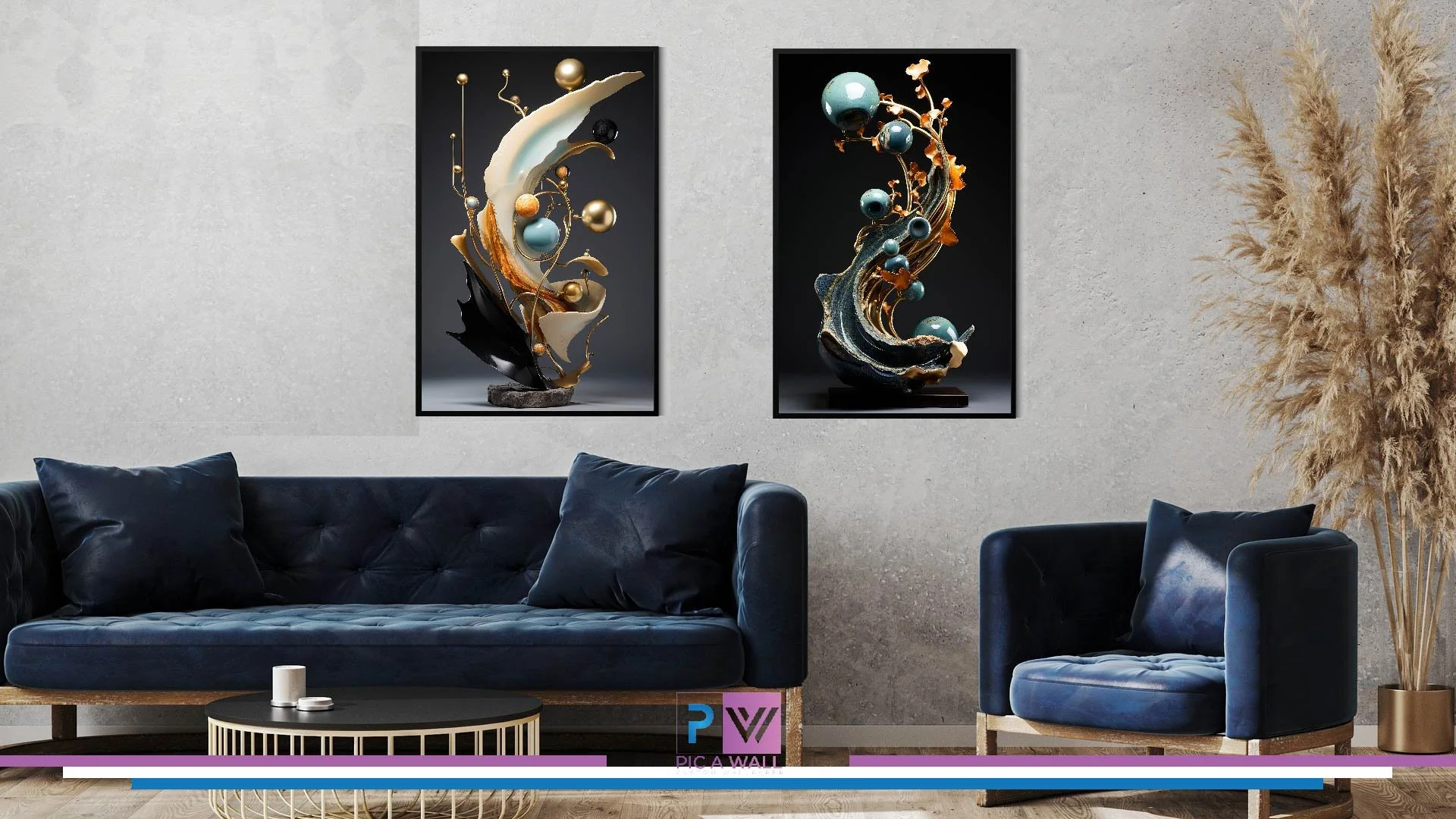Living room with dark blue velvet sofa and matching armchair, two black framed abstract art pieces with gold, blue, and black swirls on a gray wall, a small black and gold coffee table with candles, a large beige pampas grass arrangement in a gold pot on the right.