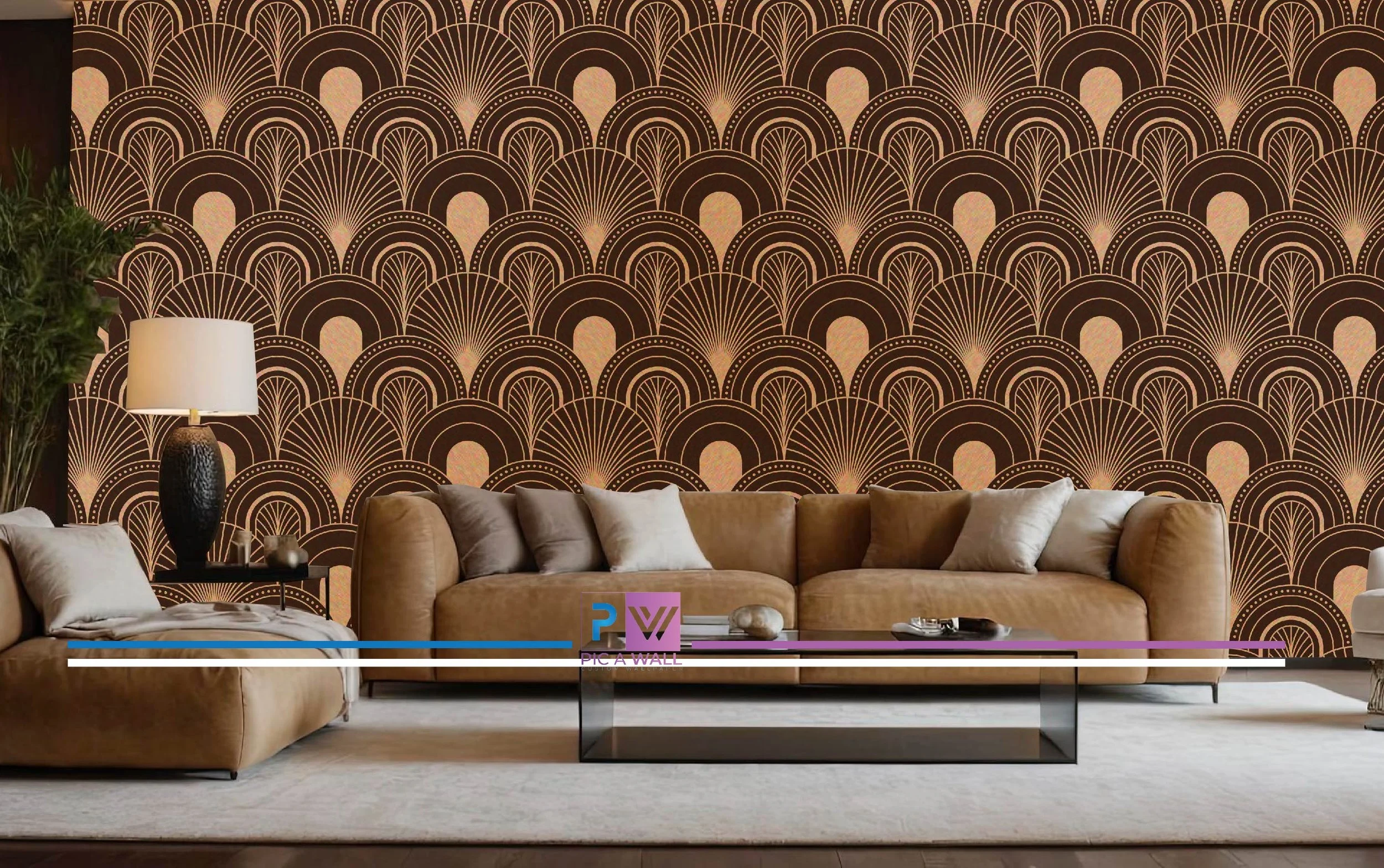 Modern living room with a brown sofa, a lamp with a black base and a white shade, a glass coffee table, decorative pillows, and a patterned wallpaper with a fan or shell motif in dark brown and beige.