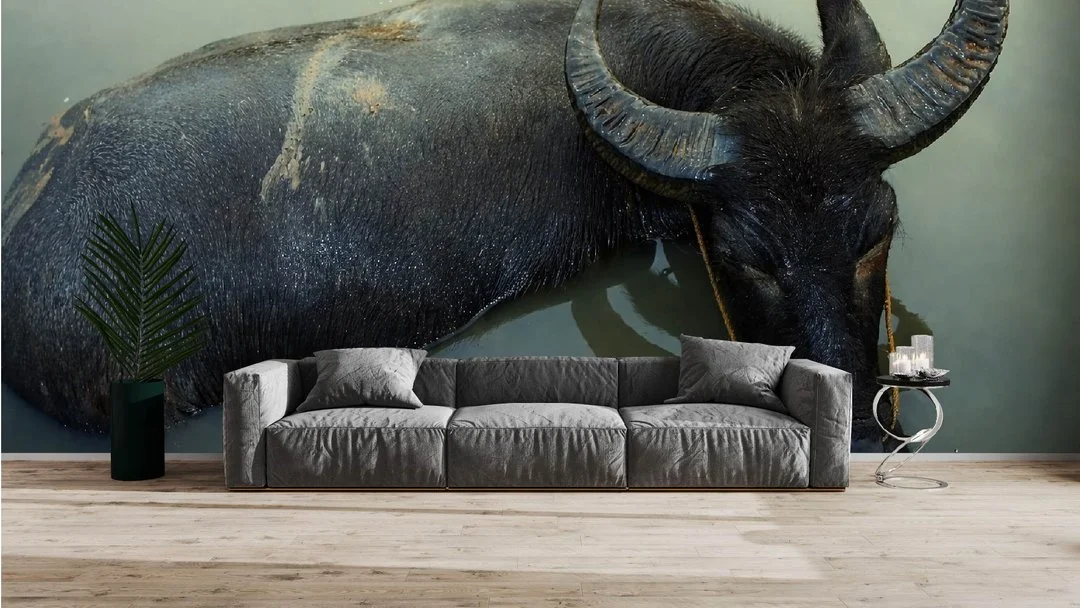 Living room with large wall mural of a buffalo with water around its body, a gray sofa, a tall green plant in a black pot, and a side table with candles.