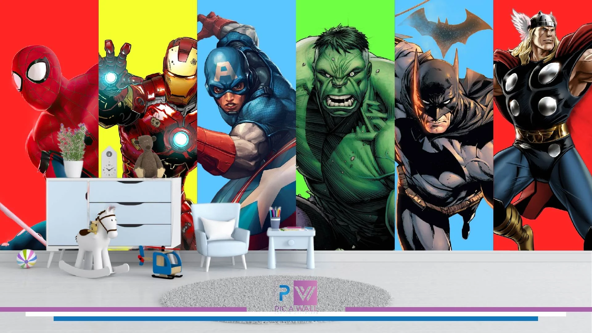 Colorful children's bedroom with a mural of Marvel superheroes Spider-Man, Iron Man, Captain America, Hulk, Batman, and Thor on the wall. The room has a white dresser with teddy bears, a rocking horse, a white chair, a small white table, and toys including a ball and a backpack.