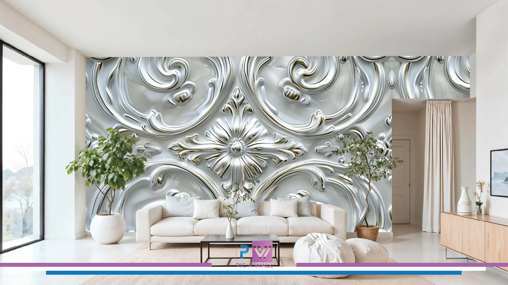 Modern living room with a large white sofa, beige pillows, two potted trees on each side, a black coffee table with vases, and an ornate metallic 3D wall art installation as a focal point.