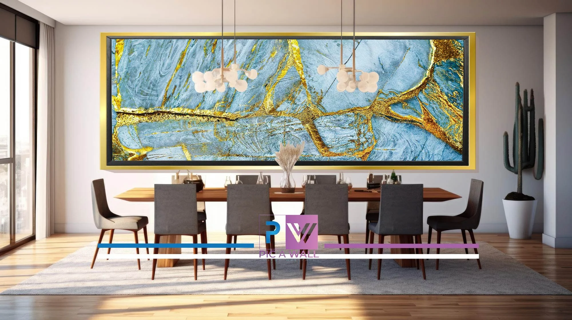 Modern dining room with oval wooden table, black and gray chairs, large wall art featuring blue and gold abstract design, pendant lights above table, large window with white curtains, potted cactus, and a logo with stylized letters 'P' and 'V' and th