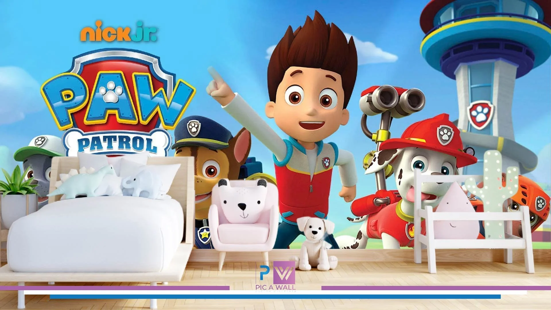 Colorful cartoon background featuring characters from PAW Patrol, including Ryder and several rescue dogs, with a bed, toy dog, and bedside décor in the foreground.