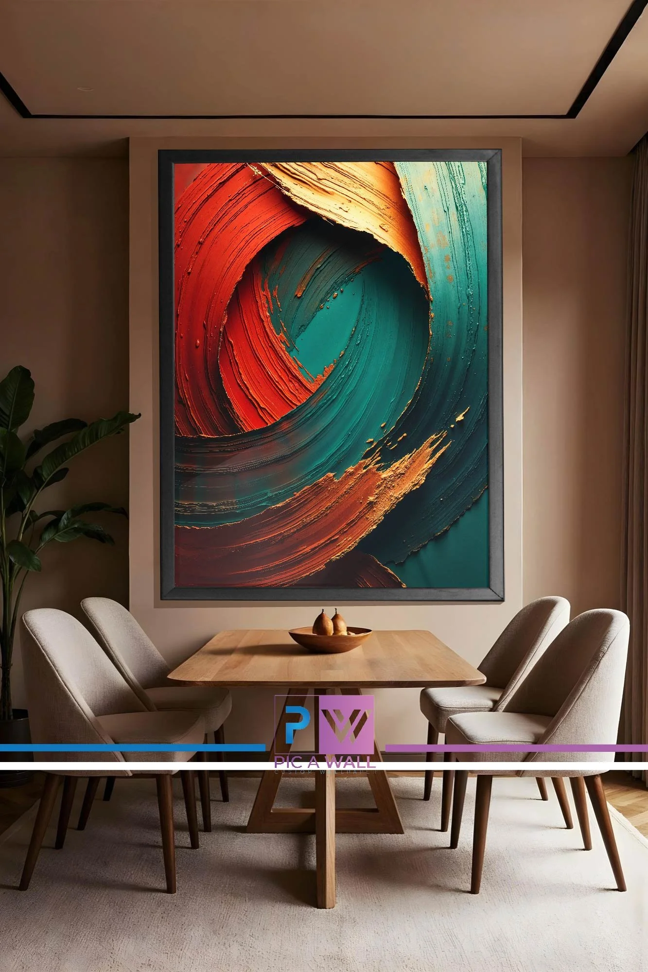 Dining room with a wooden table, six beige chairs, a large colorful abstract painting, a bowl with pears, a green plant, and beige curtains