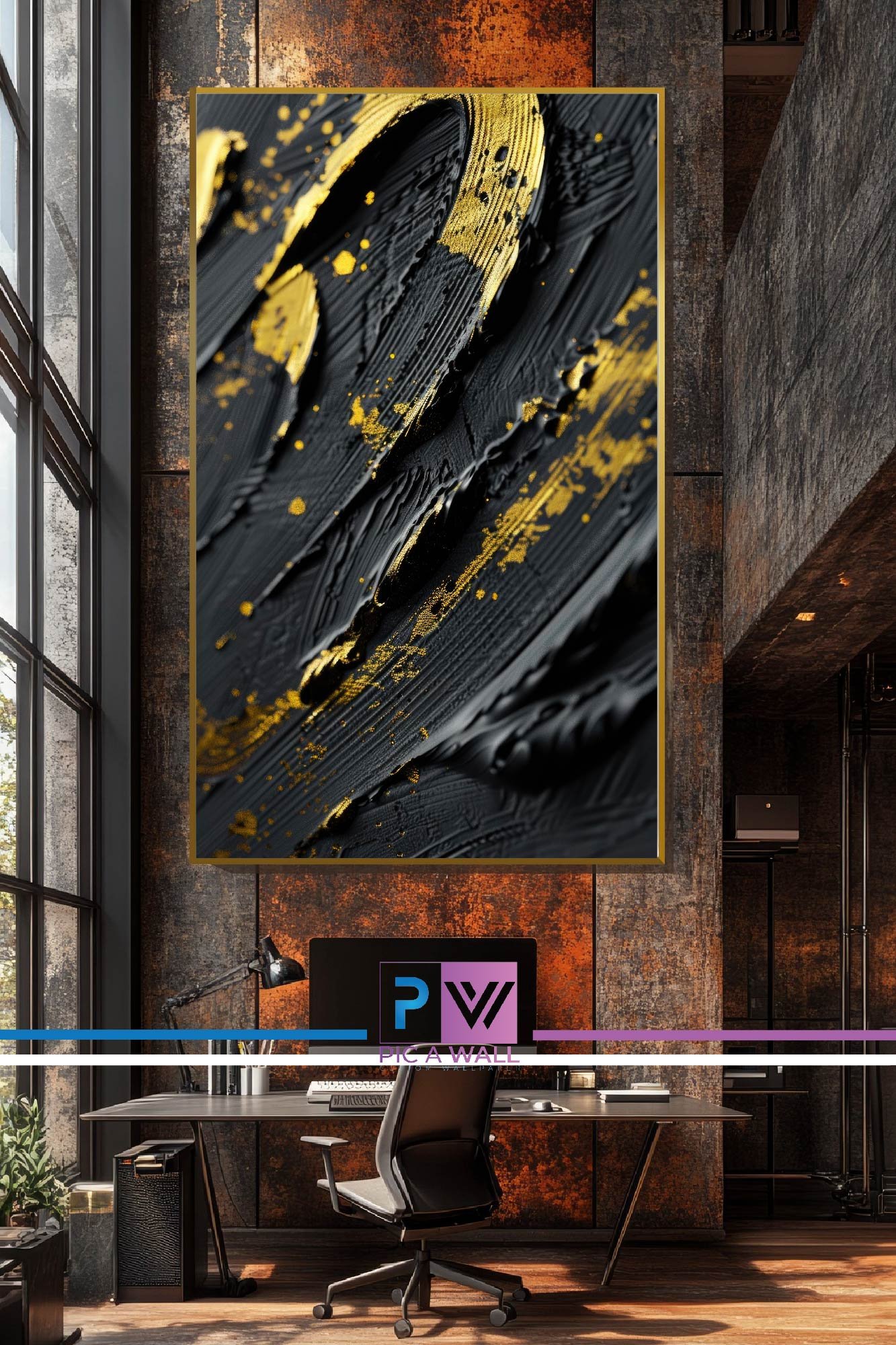 Modern office with a large abstract wall art piece featuring black and gold textures, a desk with a chair, plants, and a window with metal framing.