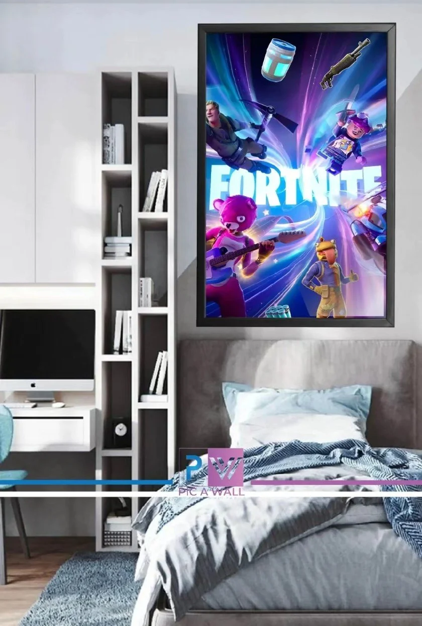 A bedroom with a bed, a white desk with an iMac, a white bookshelf, and a large Fortnite poster on the wall showing game characters and action scenes.