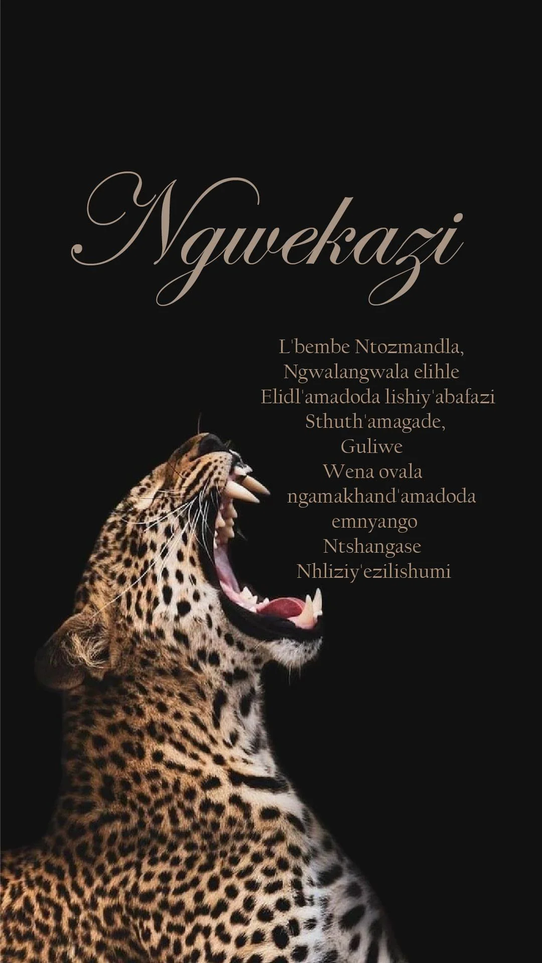 A black poster with a leopard and poem in Swahili, titled 'Nyawekazi'.