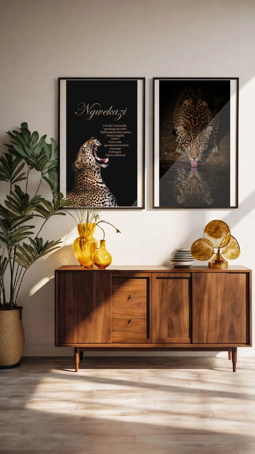 A wooden sideboard decorated with yellow vases and a lamp, two framed pictures of leopards on the wall above, a large potted plant to the left, and decorative bowls on the right, with sunlight casting shadows on the floor.