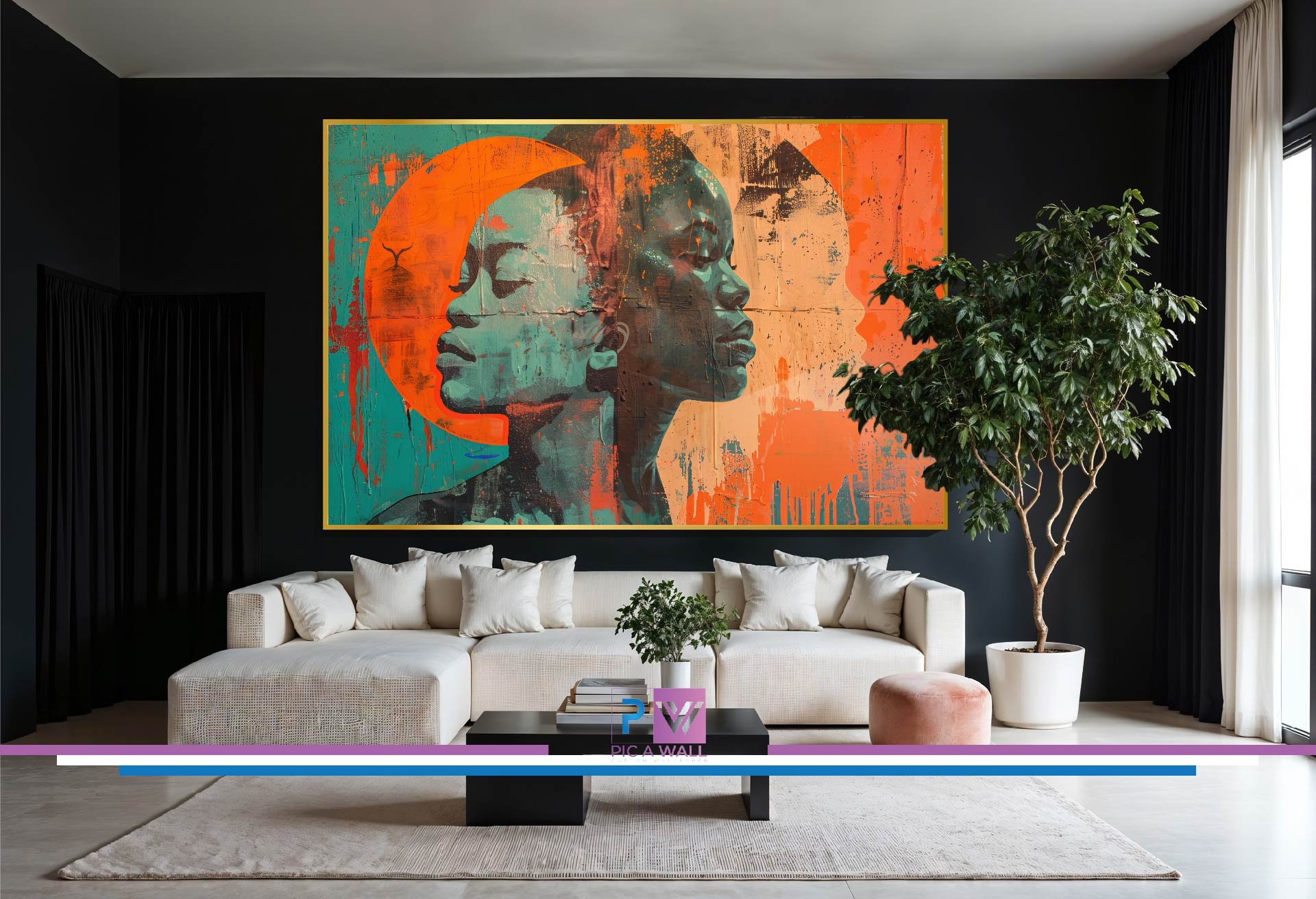 Modern living room with white sectional sofa, abstract art piece of two blue faces and orange shapes on dark wall, large green potted plant, black coffee table with books, and floor-to-ceiling window with black and white curtains.