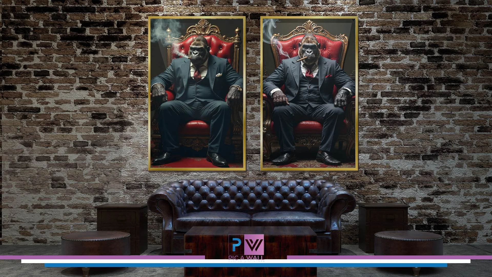 Wall decorated with two portraits of anthropomorphic gorillas dressed in suits, sitting on ornate red and gold thrones, smoking cigars. Below is a living room setup with a leather tufted sofa, two side tables, and a coffee table with a logo in front 