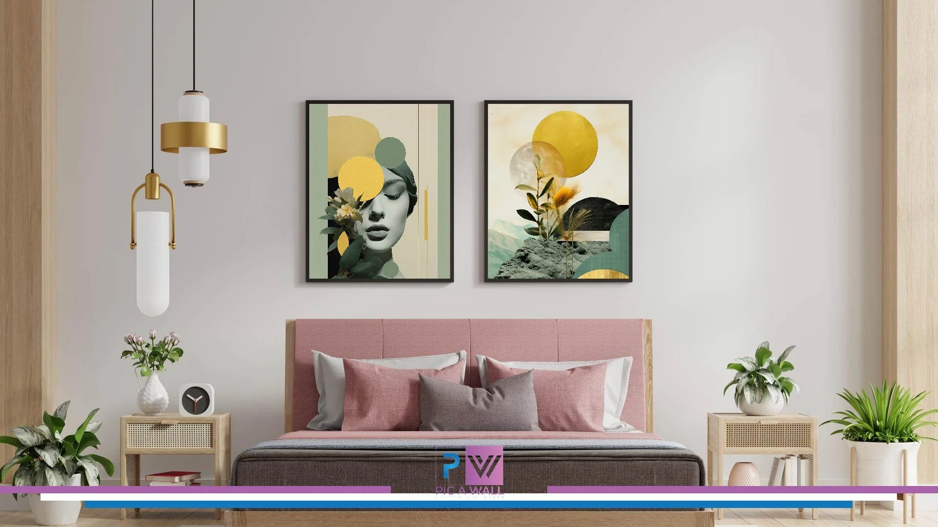 A modern bedroom with a pink upholstered bed frame and cushions, two matching wooden nightstands with plants, a small clock, and books. Two framed abstract art pieces hang above the bed, and abstract pendant lights hang on the left side, with natural wood accents on the wall.