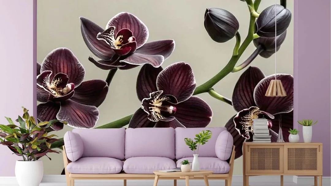 Living room with purple floral mural, lavender sofa, and plants on a sideboard.