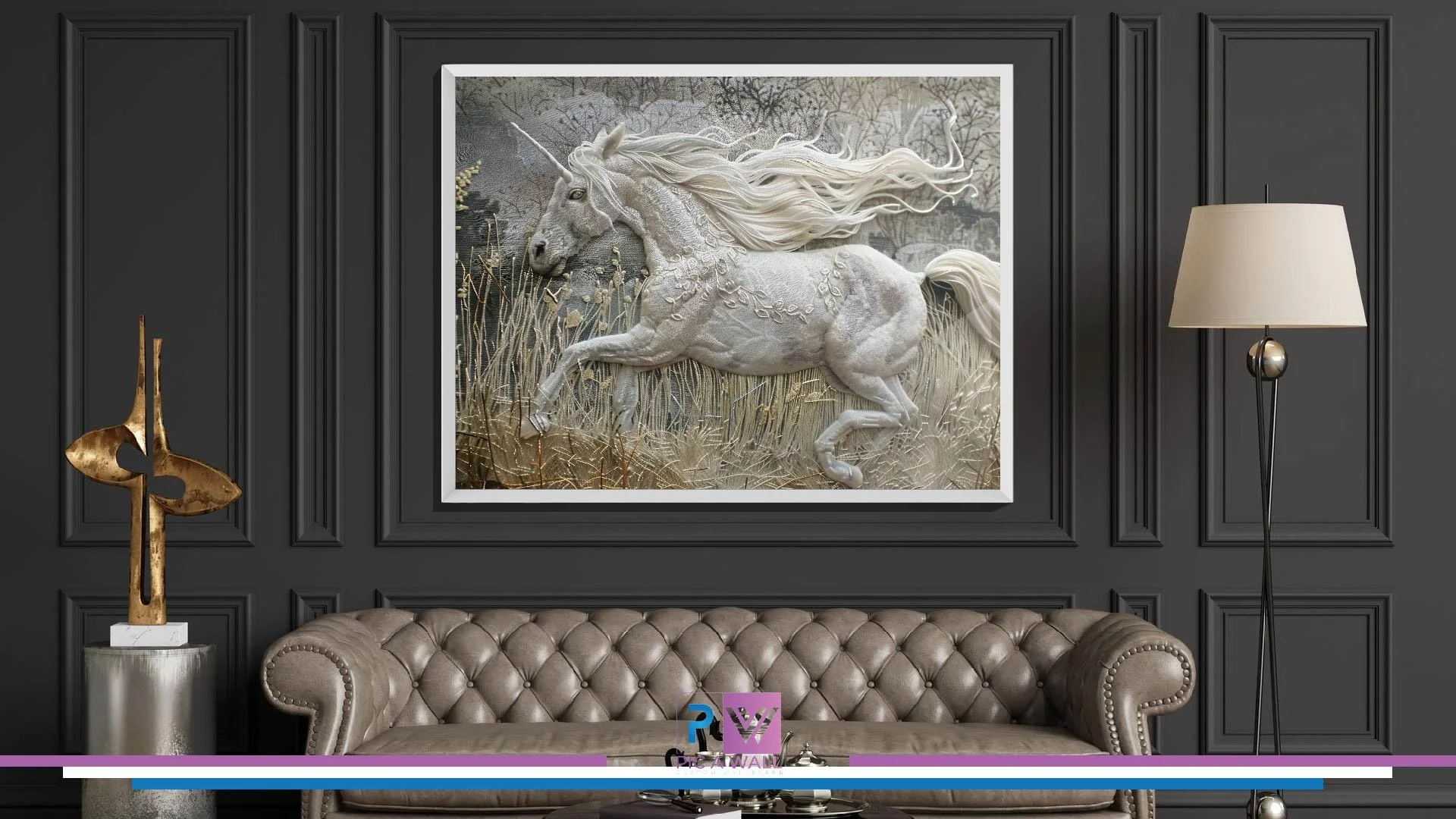 Decorative living room with a large framed picture of a white unicorn with a flowing mane, dark paneled walls, a beige tufted leather sofa, a gold sculpture on a stand, and a floor lamp with a beige shade.