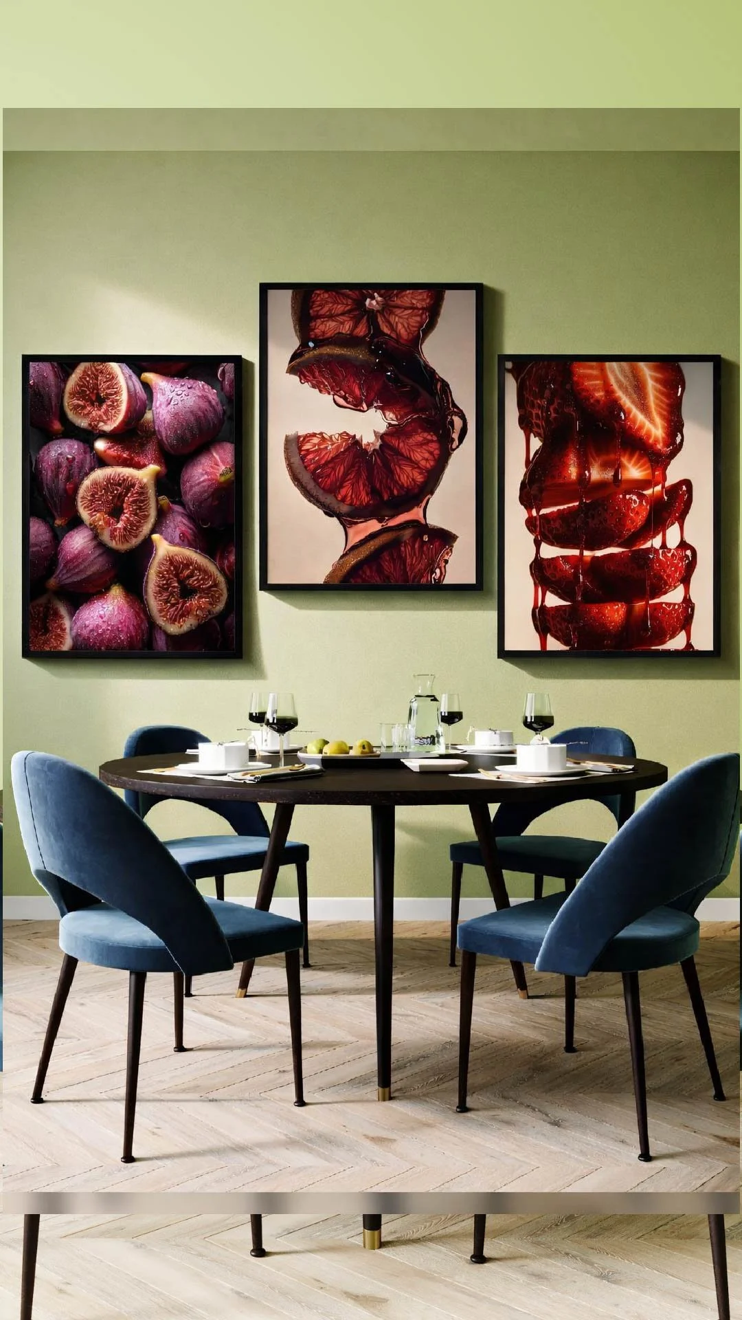 A dining room with a round table set with wine glasses, cups, and plates, surrounded by blue upholstered chairs. The wall behind features three large framed photographs of figs, sliced citrus, and strawberries.