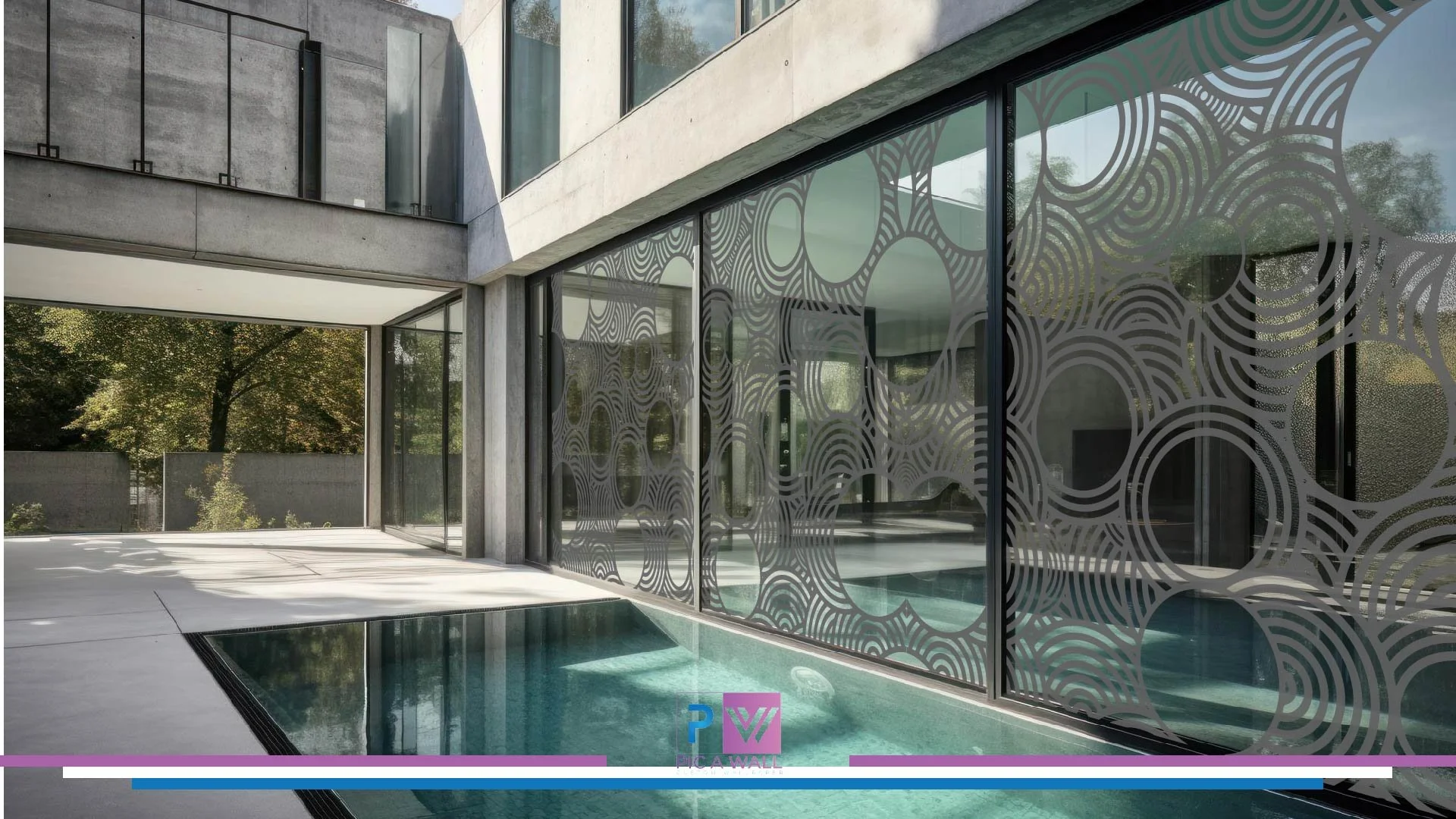 Modern building with large glass windows, patterned decorative panels, and a reflecting pool in the foreground surrounded by concrete flooring.