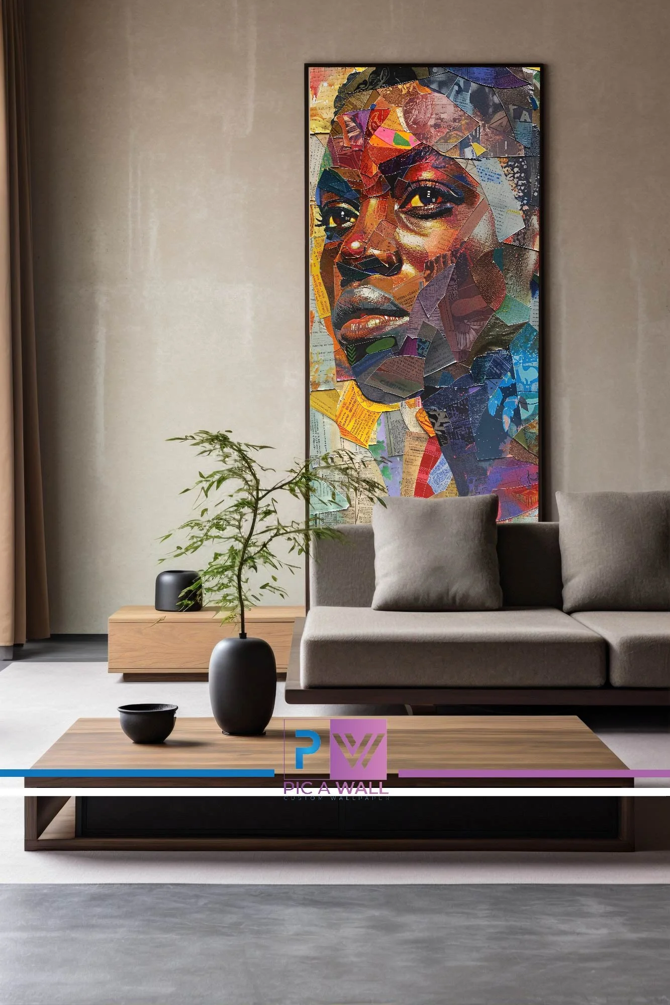 Modern living room with a large, colorful collage portrait of a woman on the wall, a beige sofa with two pillows, a wooden coffee table with a black vase and a small black bowl, a potted plant, and a side table with a speaker, all in a neutral-toned 