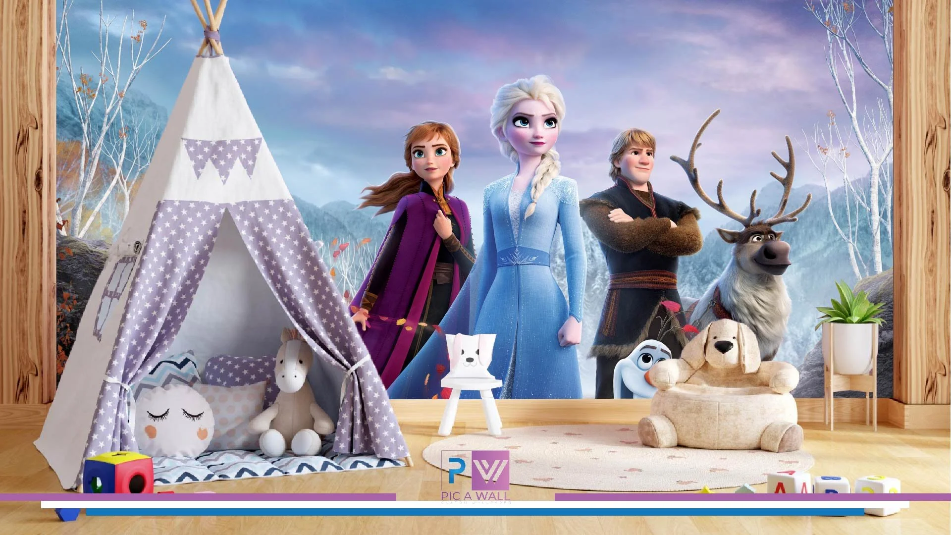 Children's room with a wall mural of characters from Frozen, including Elsa, Anna, Kristoff, Sven, Olaf, and a reindeer. There are toys, stuffed animals, a teepee tent, and a small plant in the room.