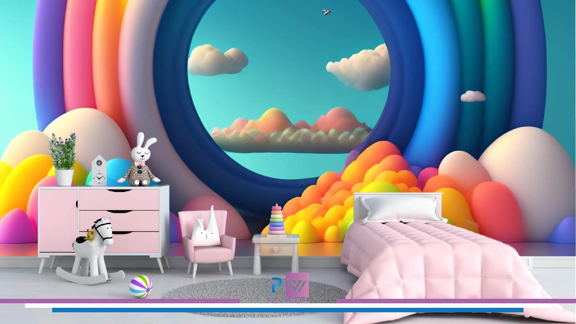 Children's bedroom with a large colorful cloud and rainbow mural on the wall. Includes a pink bed, a pink dresser with toys and plants, a rocking horse, a small pink armchair with a rabbit pillow, and a table with a stacking ring toy.