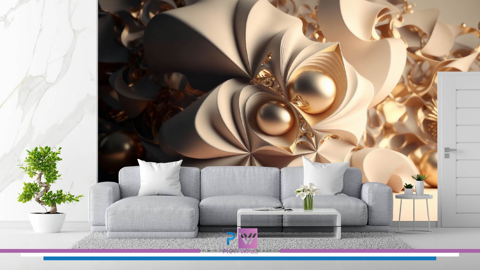 Living room with a light gray sofa, white pillows, a small white coffee table with a flower vase, a side table with small potted plants, a potted green plant, and a wall mural featuring abstract paper scroll designs with gold accents.