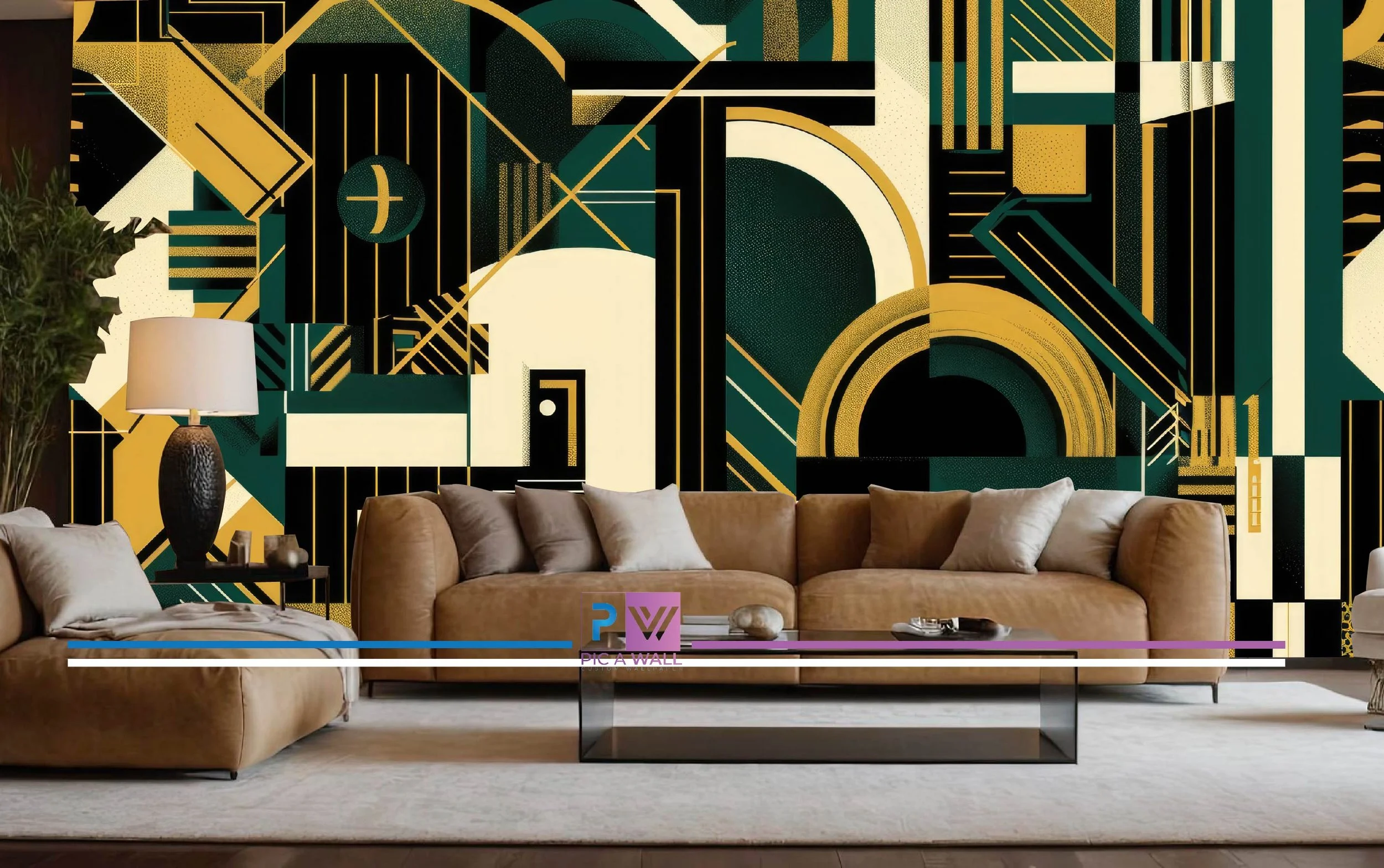 Living room with tan sofas and throw pillows, a black coffee table with decorative items, a large abstract geometric mural in black, green, yellow, and white colors on the wall, a tall plant, and a lamp with a white shade.