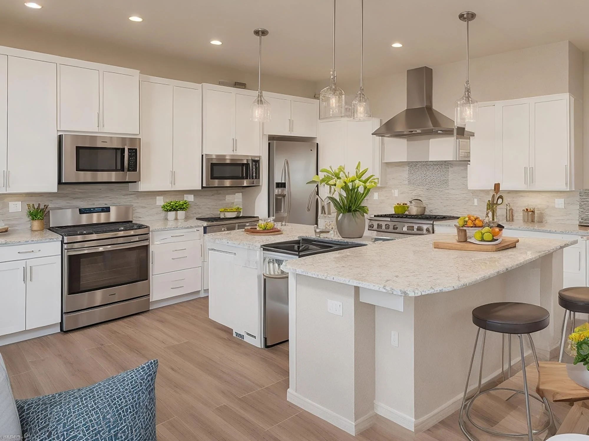 Modern kitchen with white cabinets, stainless steel appliances, granite countertops, and a central island with flowers and fruit displays.