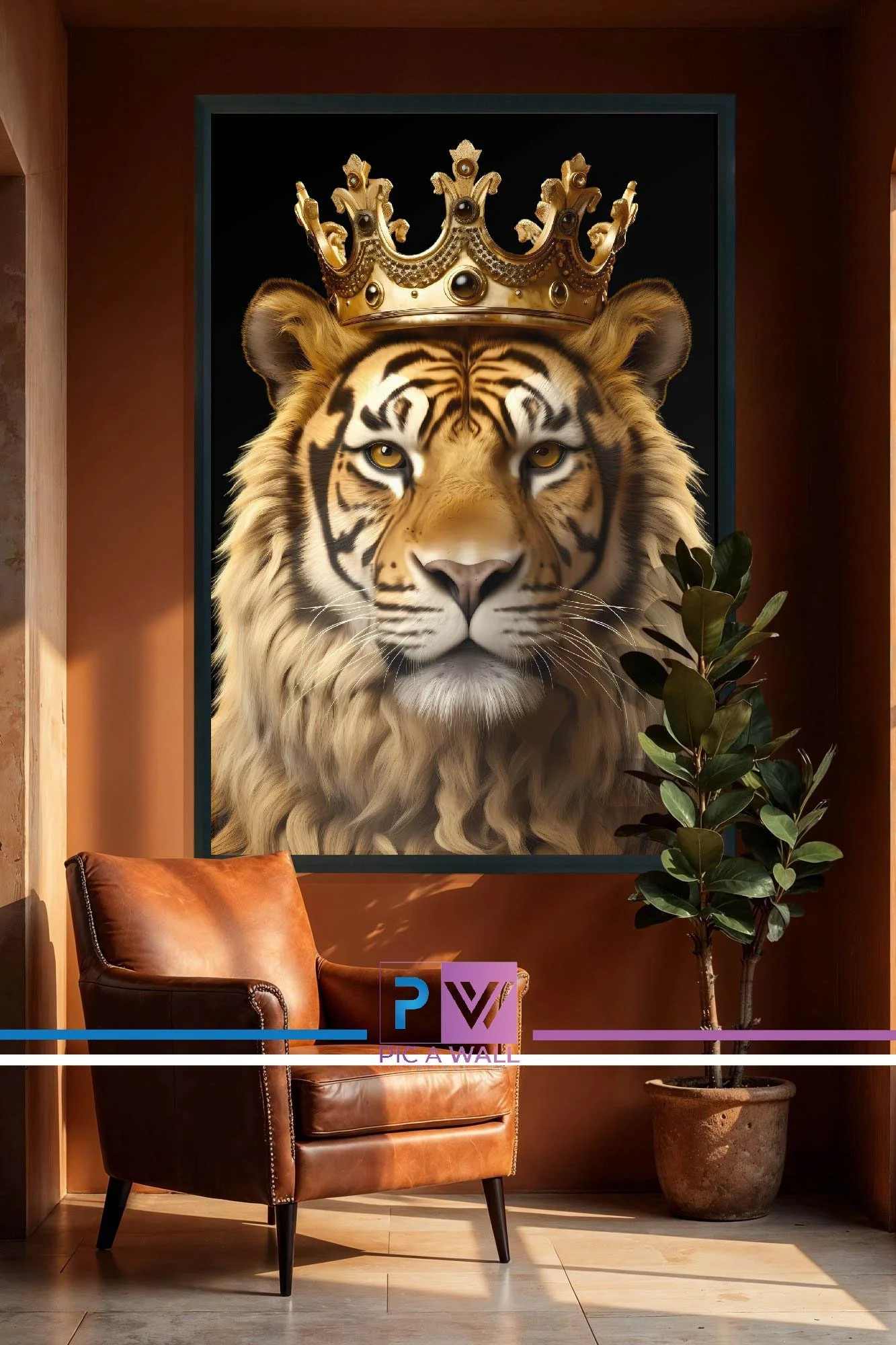 A framed portrait of a lion wearing a crown, hanging on a wall behind a brown leather armchair and a potted plant in a cozy room.