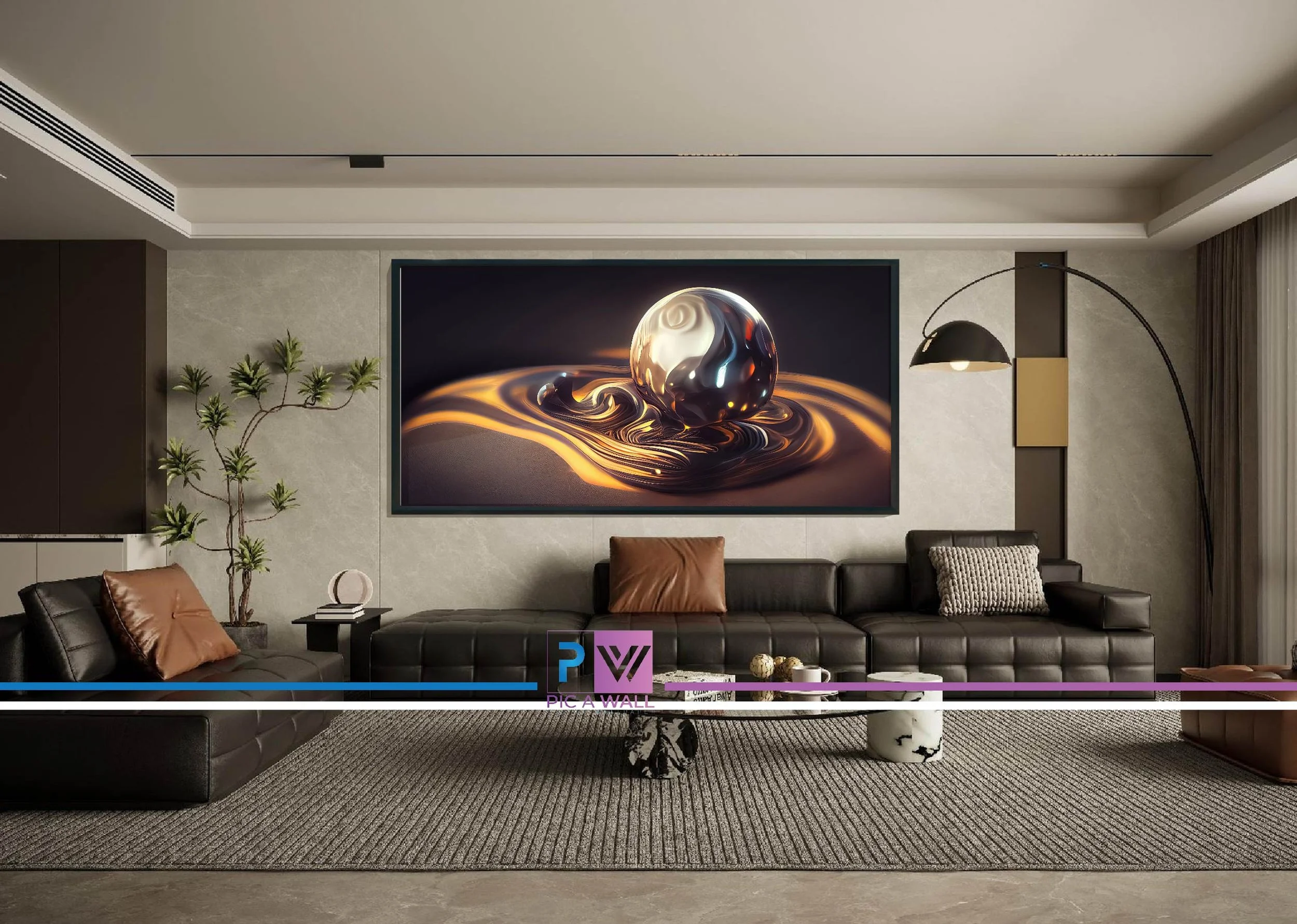 Modern living room with a large wall-mounted screen displaying a metallic sphere with swirling patterns, a black leather sectional sofa with cushions, a tall potted plant, a standing arc floor lamp, a small side table, and a textured rug.