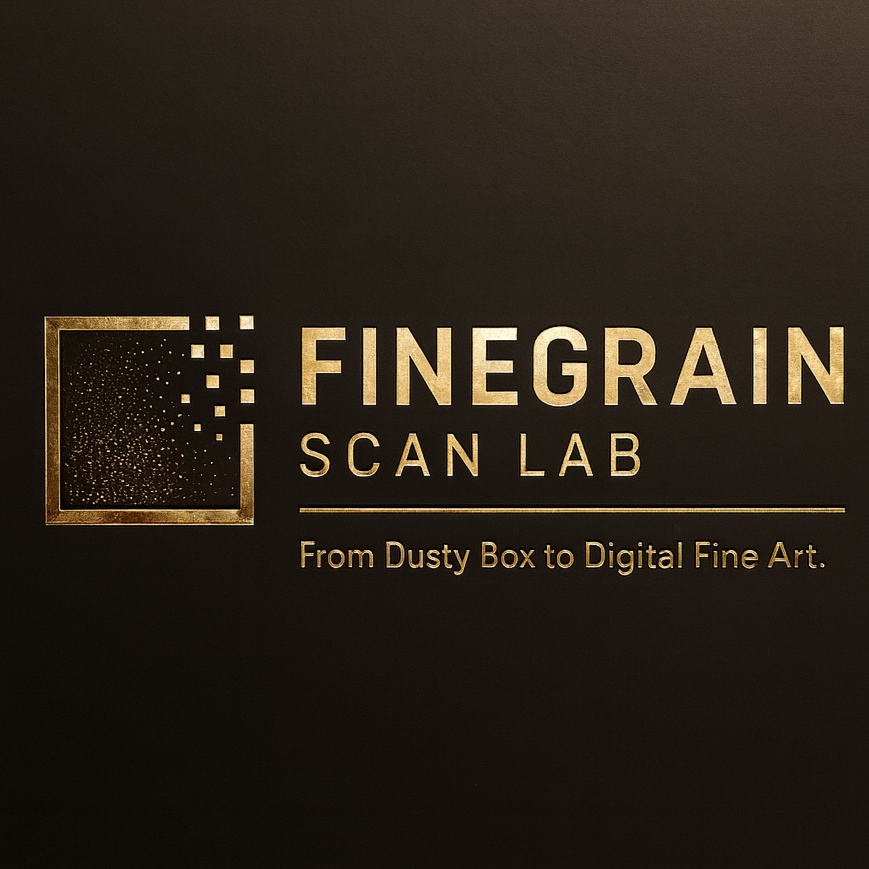 Black background with gold text and logo displaying 'Finegrain Scan Lab' and the slogan 'From Dusty Box to Digital Fine Art.'